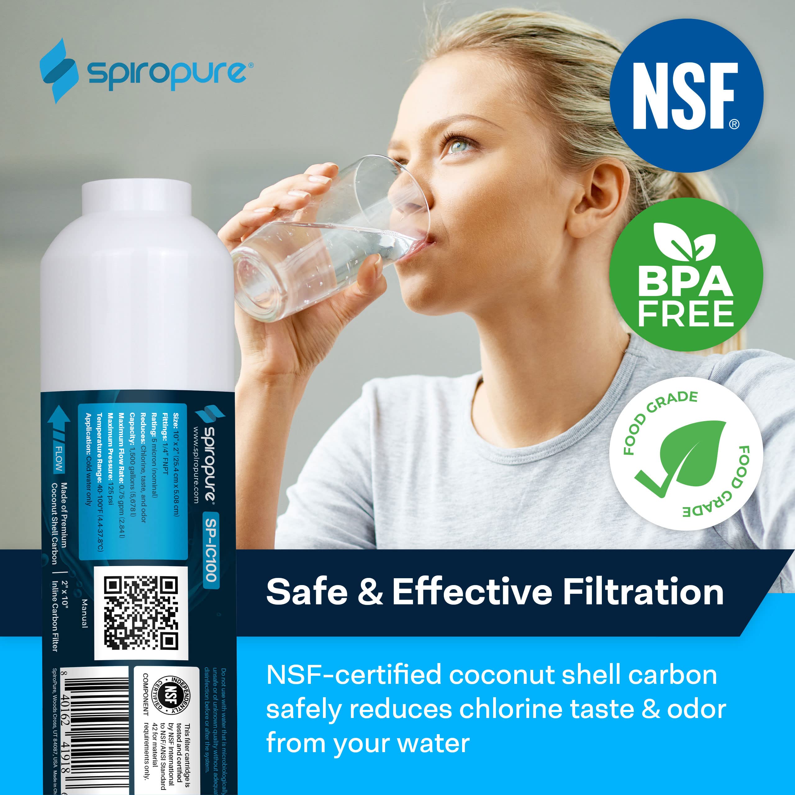 SpiroPure NSF Certified Coconut Shell Granular Carbon Inline Water Filter 1/4