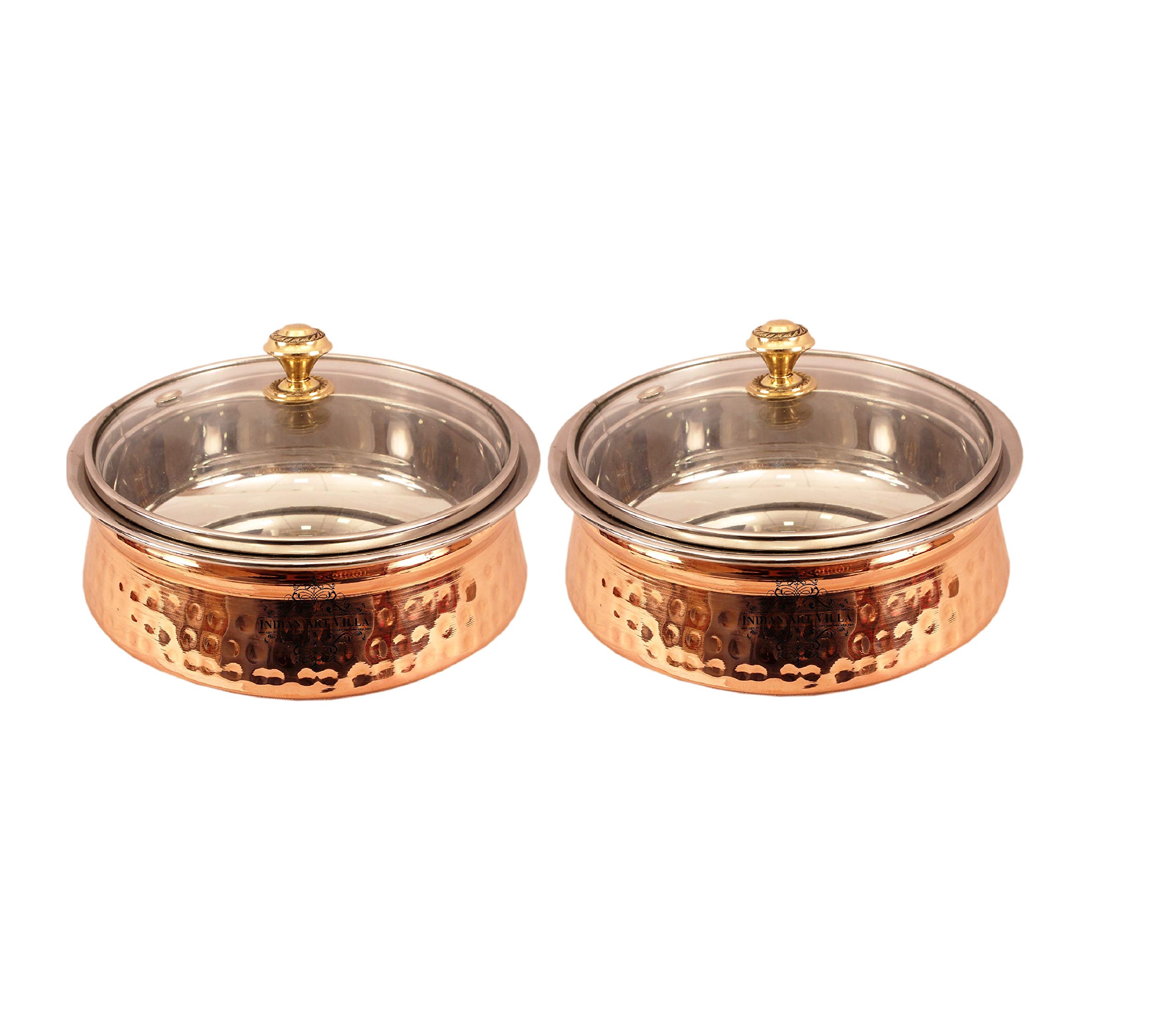 Premium Indian Handi Pot with Glass Lid - 25 Oz Steel & Copper Serving Dish for Chicken Biryani, Vegetables, Curries - Elegant Tableware for Home, Hotel, Restaurant - Set of 2 (Ideal for Festive Meals, Dinner Parties & Traditional Cooking)