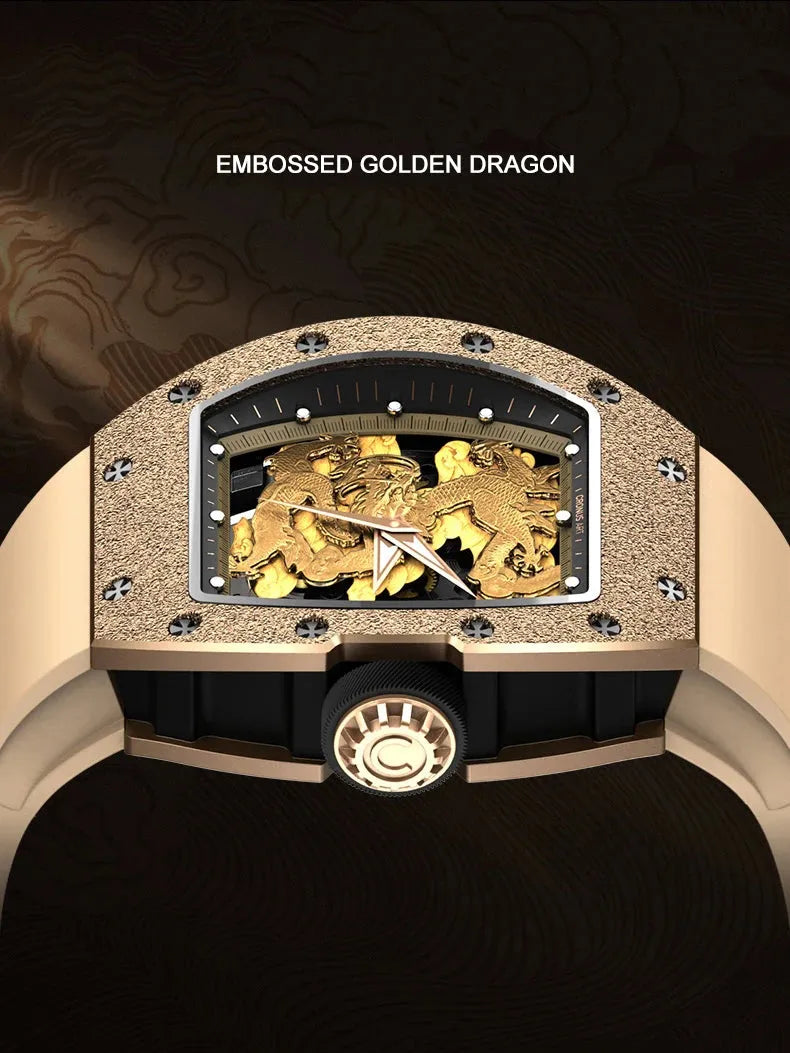 Luxury Men's Automatic Mechanical Watch - Tonneau Case, Gold Dragon Skeleton Dial, Luminous Hands, Fluororubber Strap | Perfect for Business, Formal Events & Gift Giving