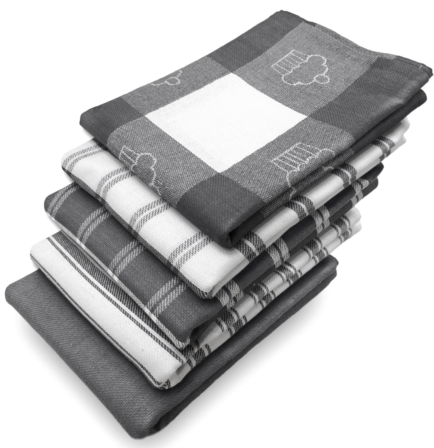 LivinEase 100% Cotton Tea Towels - Pack of 5 Super Absorbent Kitchen Towels (70 x 50 cm, Grey) for Dish Drying, Hand Wiping & Counter Cleaning