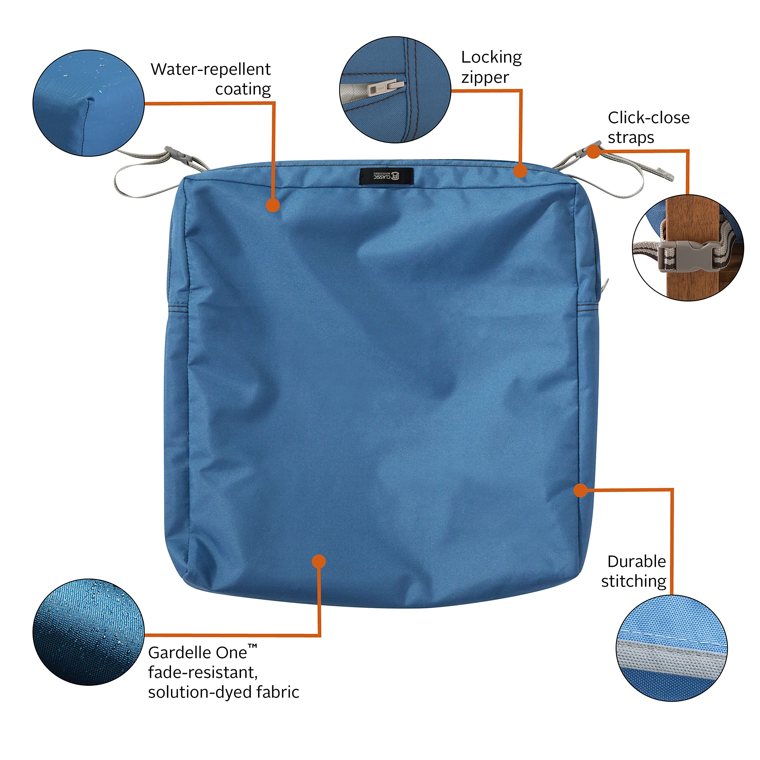 Water-Resistant Patio Chair Cushion Cover 18x18x2 Inch - Classic Accessories Ravenna Empire Blue - Outdoor Furniture Seat Cushion Replacement for Deck, Poolside & Garden Use