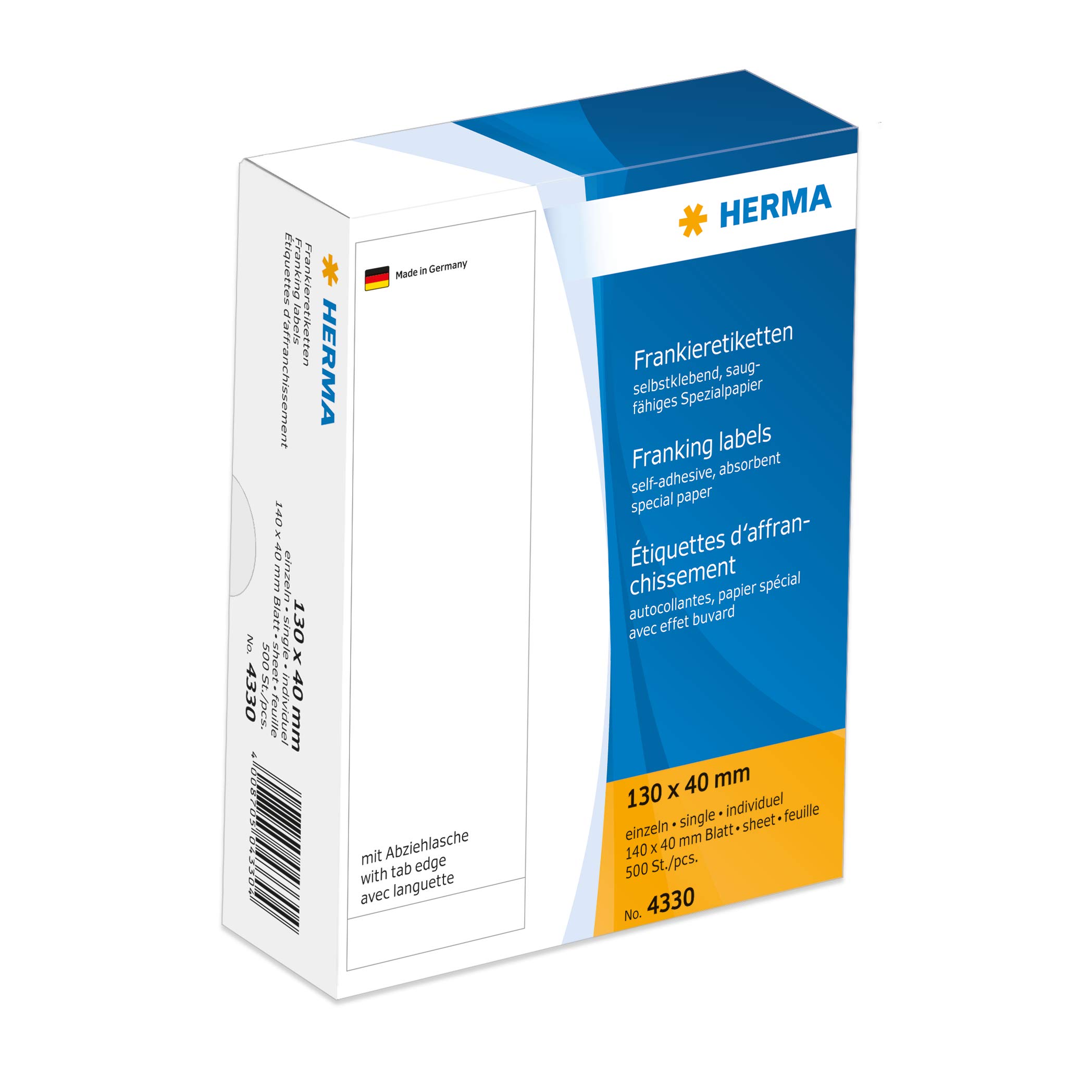 Herma 130 x 40 mm Self-Adhesive Franking Labels with Tab Edge - 500 Pack for Shipping, Mailing & Business Correspondence