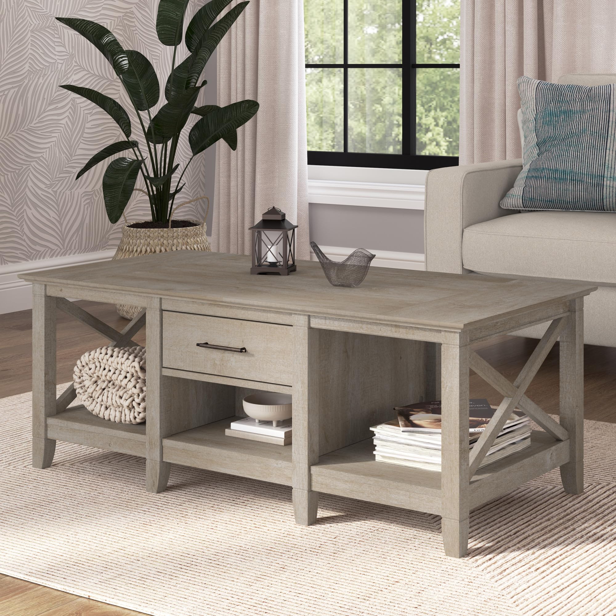 Bush Furniture Key West Coffee Table with Storage Shelf - Washed Gray Finish - Modern Living Room Centerpiece for Home Decor & Organization