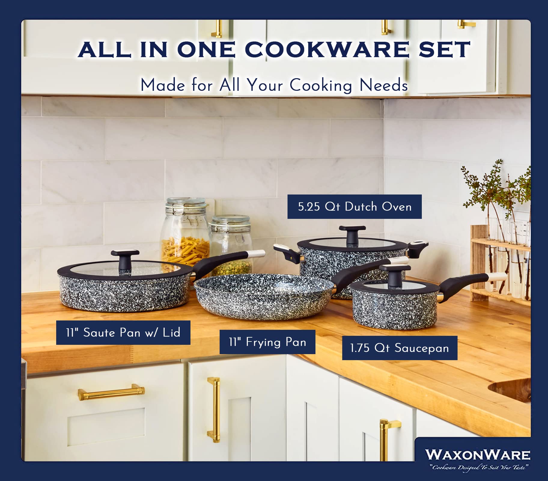 Waxonware 7-Piece Nonstick Cookware Set - Granite Pots and Pans Set, PFOA & PTFE Free, Dishwasher Safe - Stonetec Series for Everyday Cooking, Baking & Frying