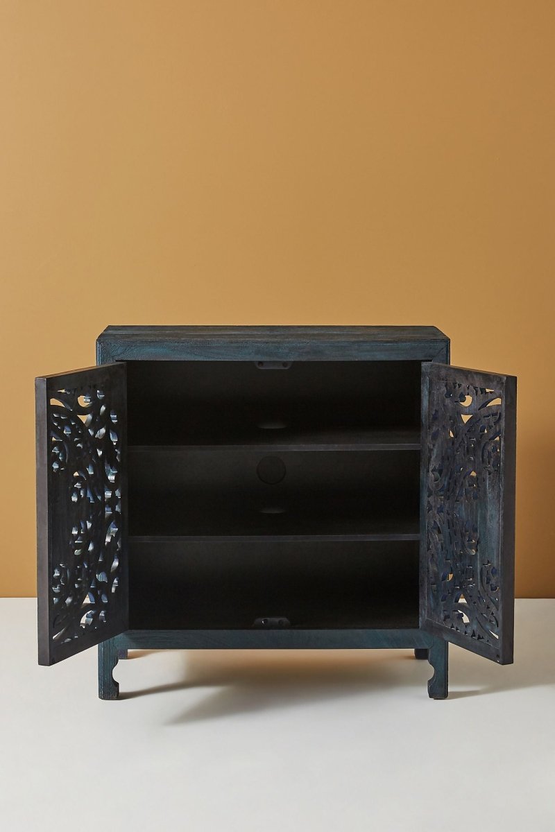 Hand Carved Lombok Entryway Cabinet in Indigo Blue - Solid Wood Storage Unit with 3 Shelves for Hallway, Living Room & Bedroom Organization