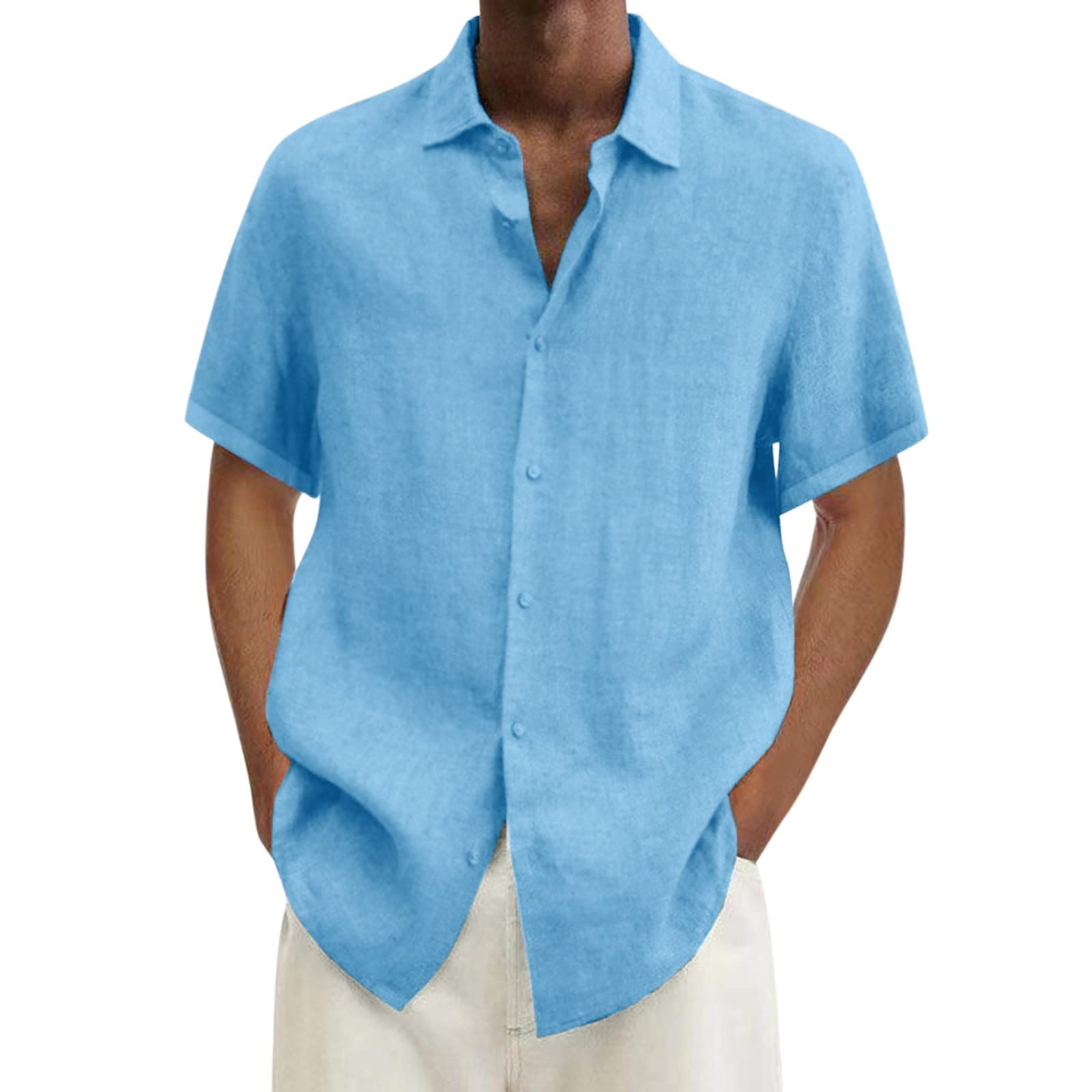 Men's Casual Cotton Linen Short Sleeve Button Down Shirt - Stylish Solid Dress Shirt for Summer, Beach & Hawaii Vacation - Perfect for Outdoor Activities, Travel & Casual Wear