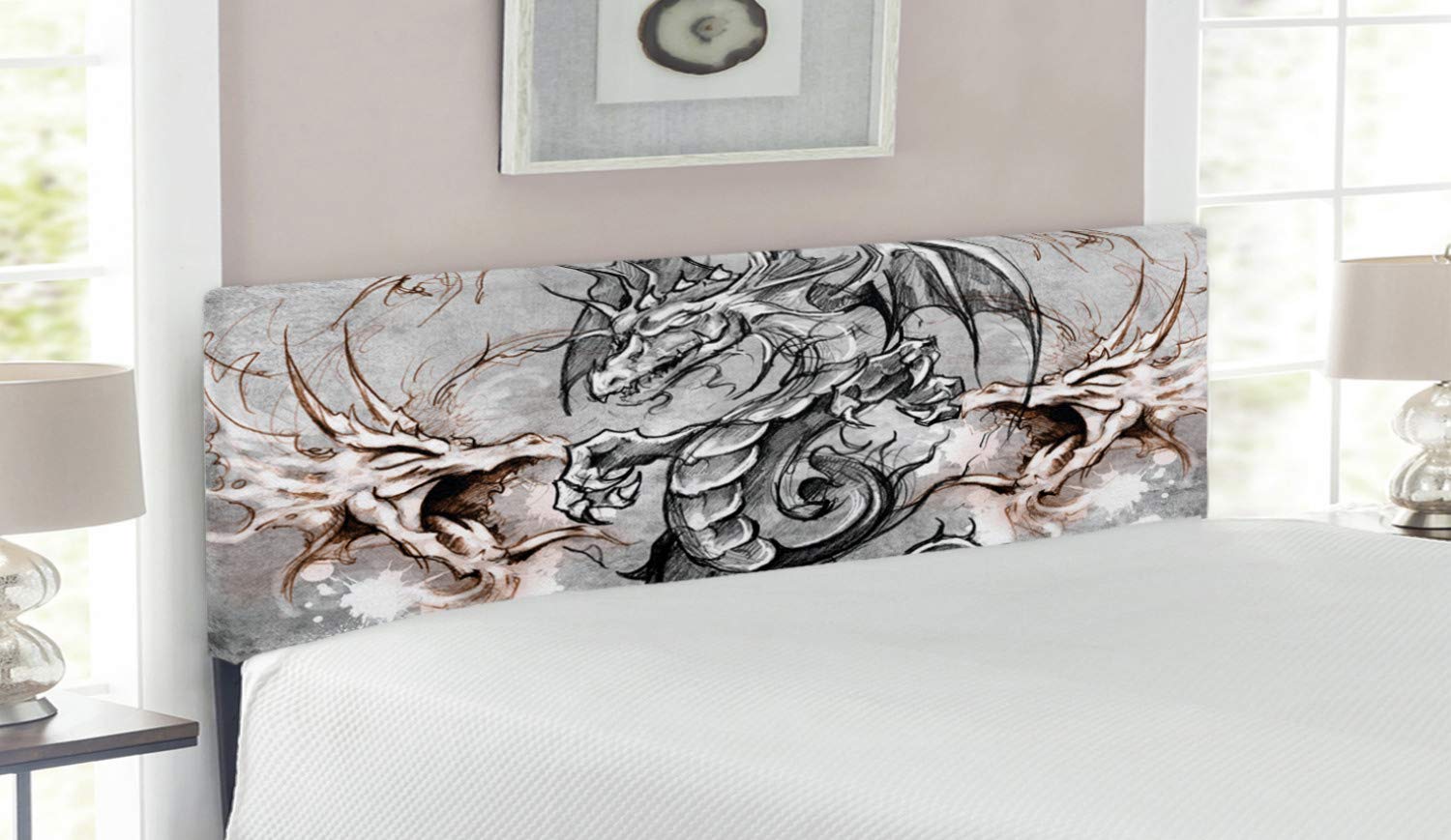 Ambesonne Gothic Dragon Headboard - Upholstered Metal Bed Frame with Memory Foam, Queen Size in Grey Umber | Horror Sketch Art & Monster Tattoo Design for Bedroom Decor | Perfect for Gothic, Fantasy & Horror Theme Bedrooms