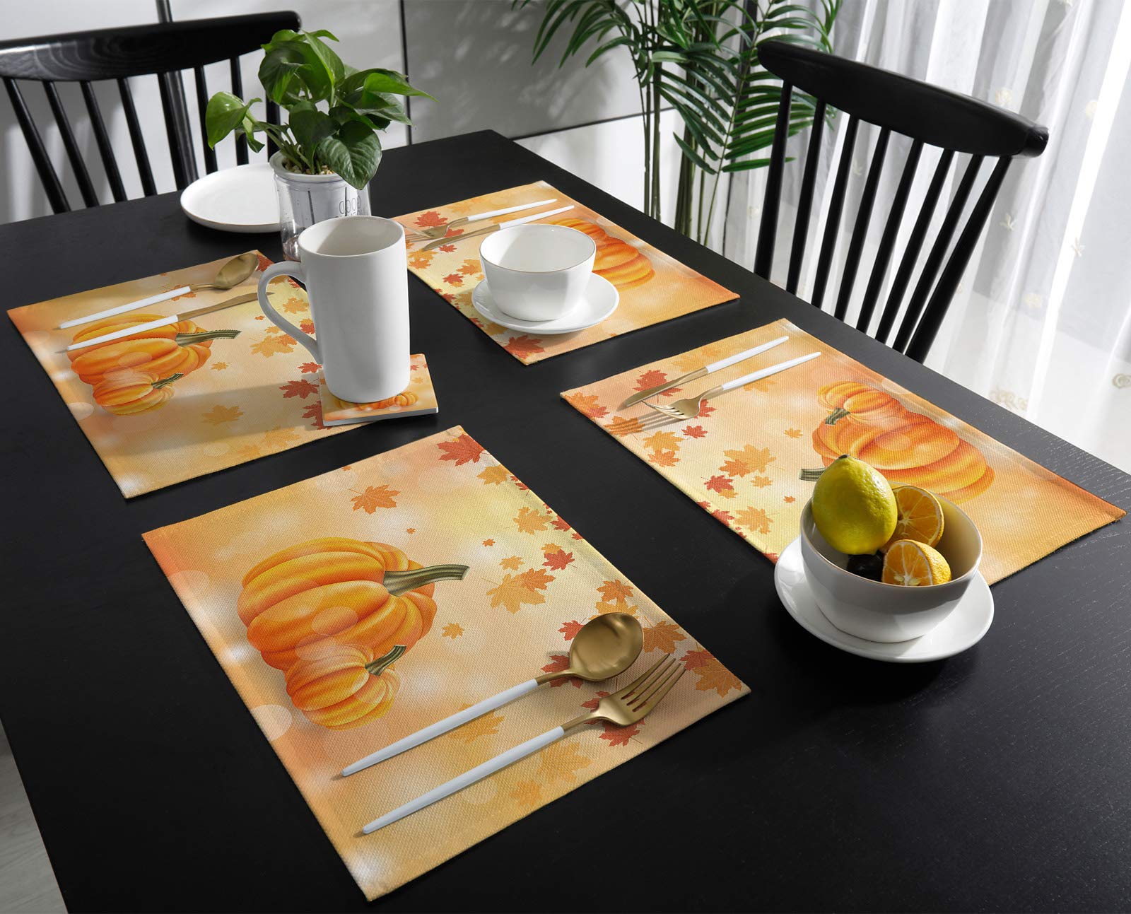 Thanksgiving Placemats Set of 4 - Maple Leaf Pumpkin Autumn Fall Table Mats for Dining, Washable & Durable for Indoor Outdoor Use - Perfect for Holiday Decor, Home Parties, Weddings & Thanksgiving Gatherings