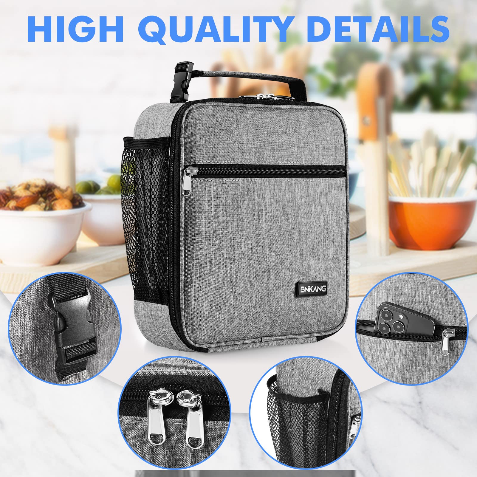 Insulated Lunch Box for Adults - Durable Reusable Small Lunch Bag for Men & Women, Light Gray Tote Bag - Perfect for Office, School, Picnics & Travel