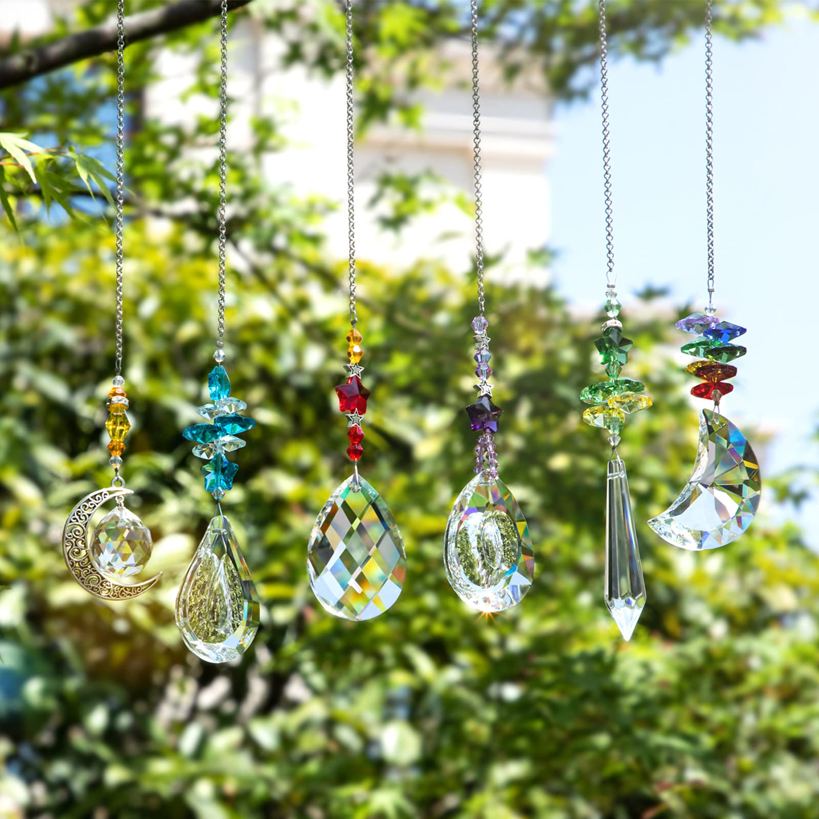 6PCS Crystal Suncatchers Prism Hanging Ornaments for Windows - Rainbow Maker Crystal Pendant Chandelier for Home, Garden & Outdoor Decor - Create Stunning Rainbow Light Effects in Living Room, Bedroom or Patio