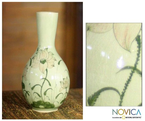 Handmade Floral Celadon Ceramic Vase - Green Lofty Lotus Design - Elegant Home Decor for Living Room, Dining Table & Wedding Centerpiece | NOVICA