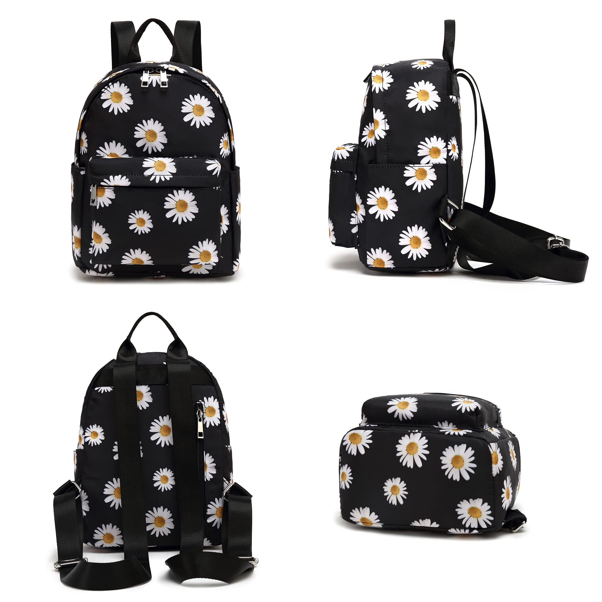 Floral Mini Backpack for Women & Teens - School & Travel Purse (Daisy Black)