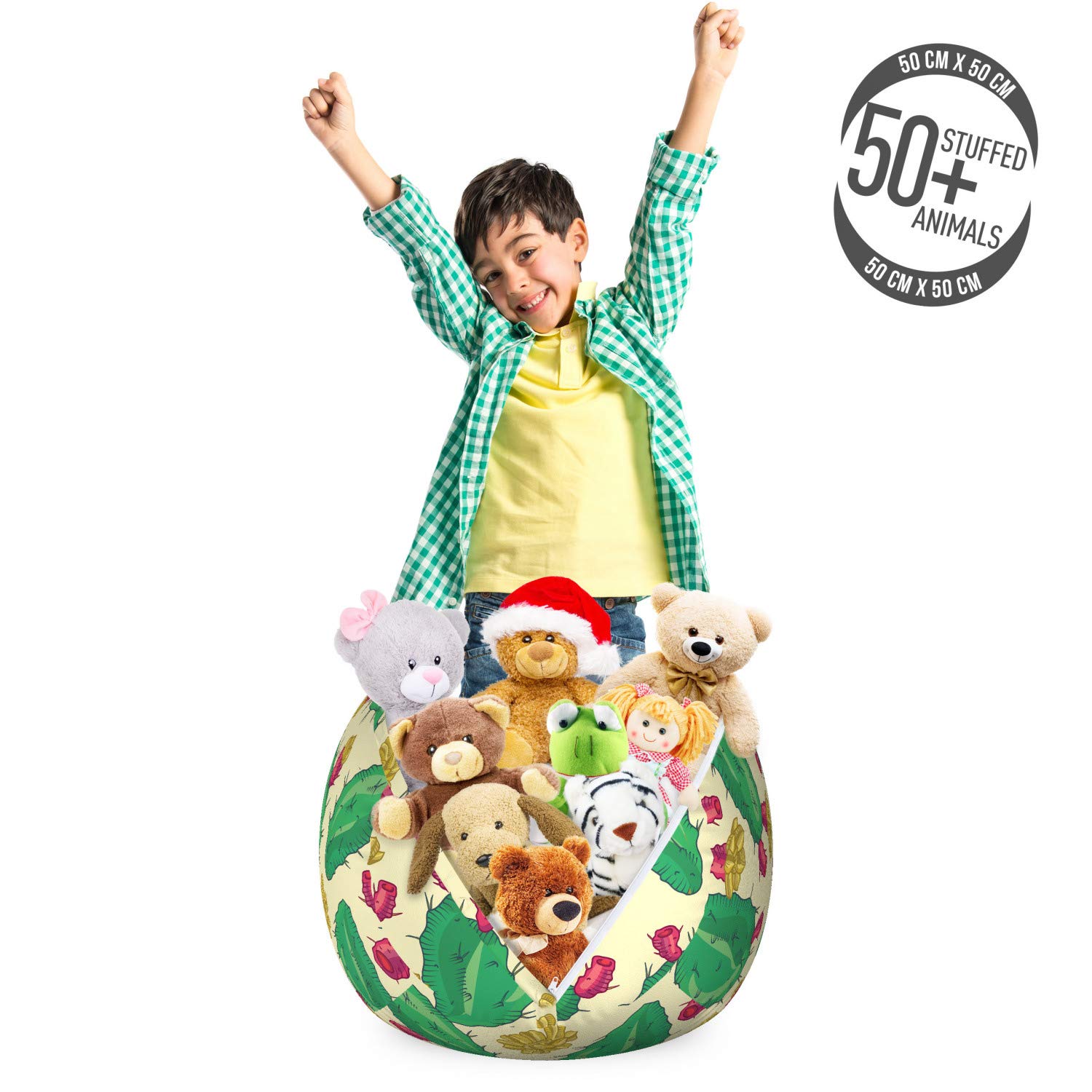 Ambesonne Succulent Toy Storage Bag Chair - Cactus & Flower Cartoon Design, Washable Stuffed Animal Organizer, Small Cream Sea Green - Perfect for Kids' Room, Nursery & Playroom Organization