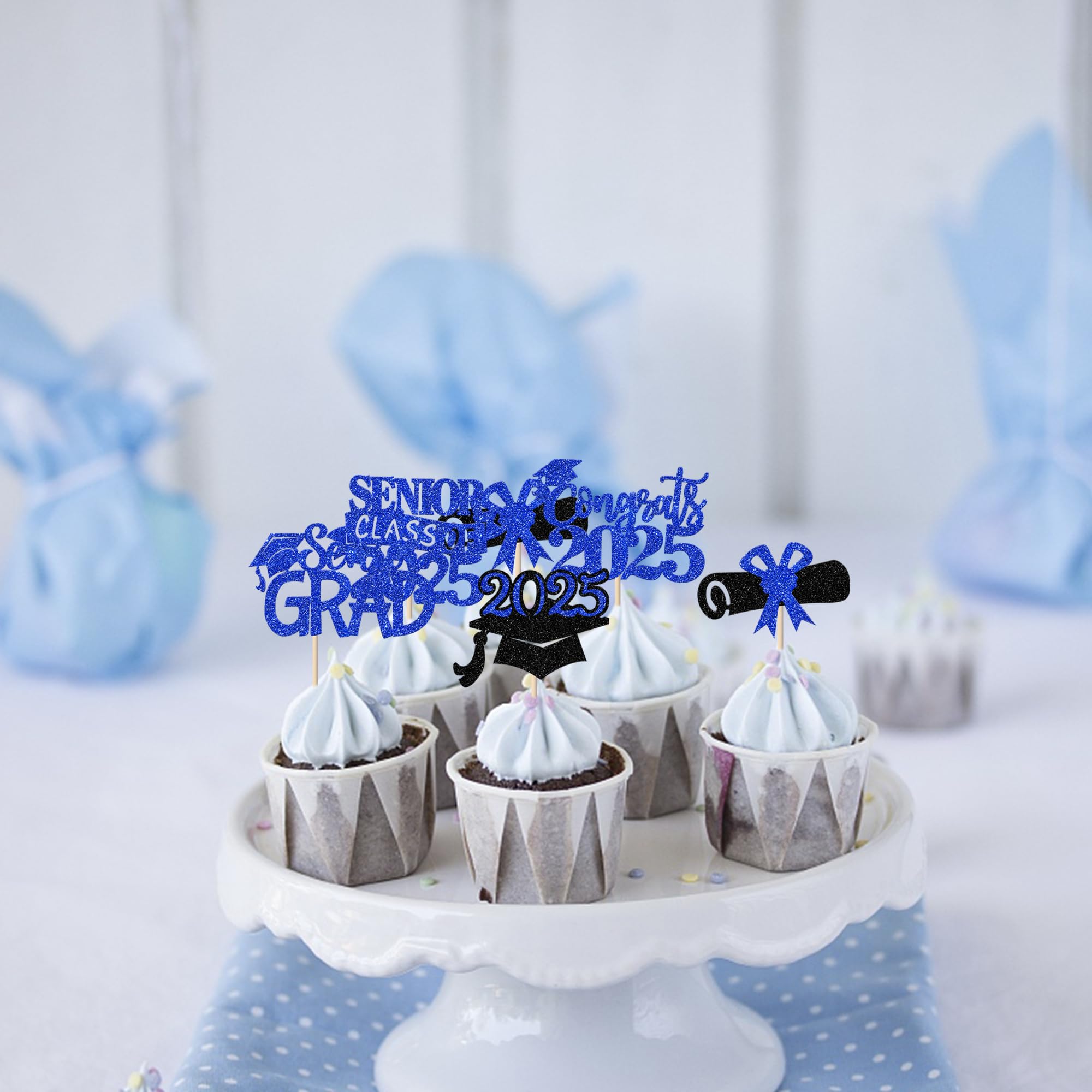 30 Pack Graduation 2025 Cupcake Toppers - Glitter Senior Class of 2025 Cake Decorations - Diploma Cupcake Picks for Graduation Party Supplies (Blue) - Perfect for High School & College Graduation Celebrations