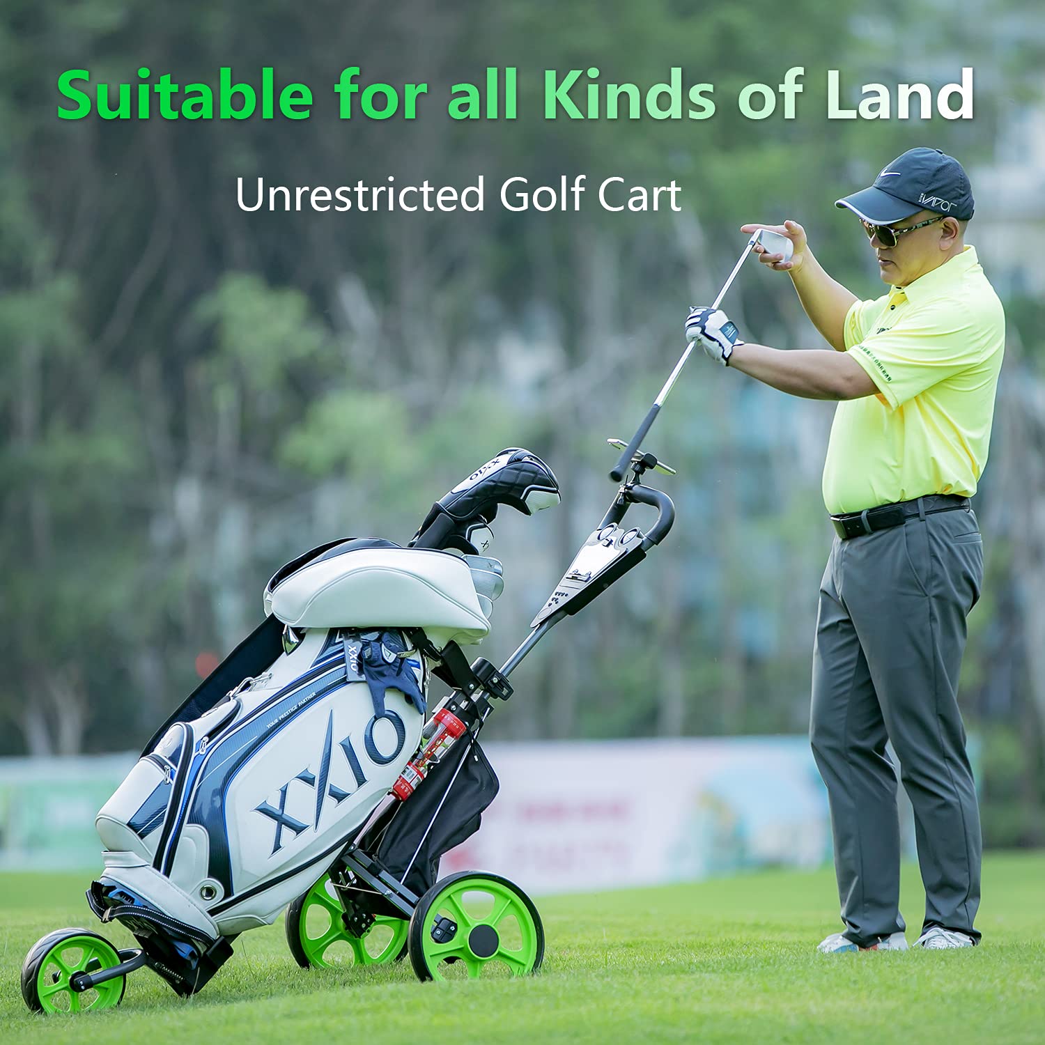 Premium 3-Wheel Golf Push Cart - Lightweight & Easy Fold Golf Pull Cart for Clubs & Bag with Scorecard Holder, Phone Mount & Storage Bag - Ideal for Course, Driving Range & Practice (Green)