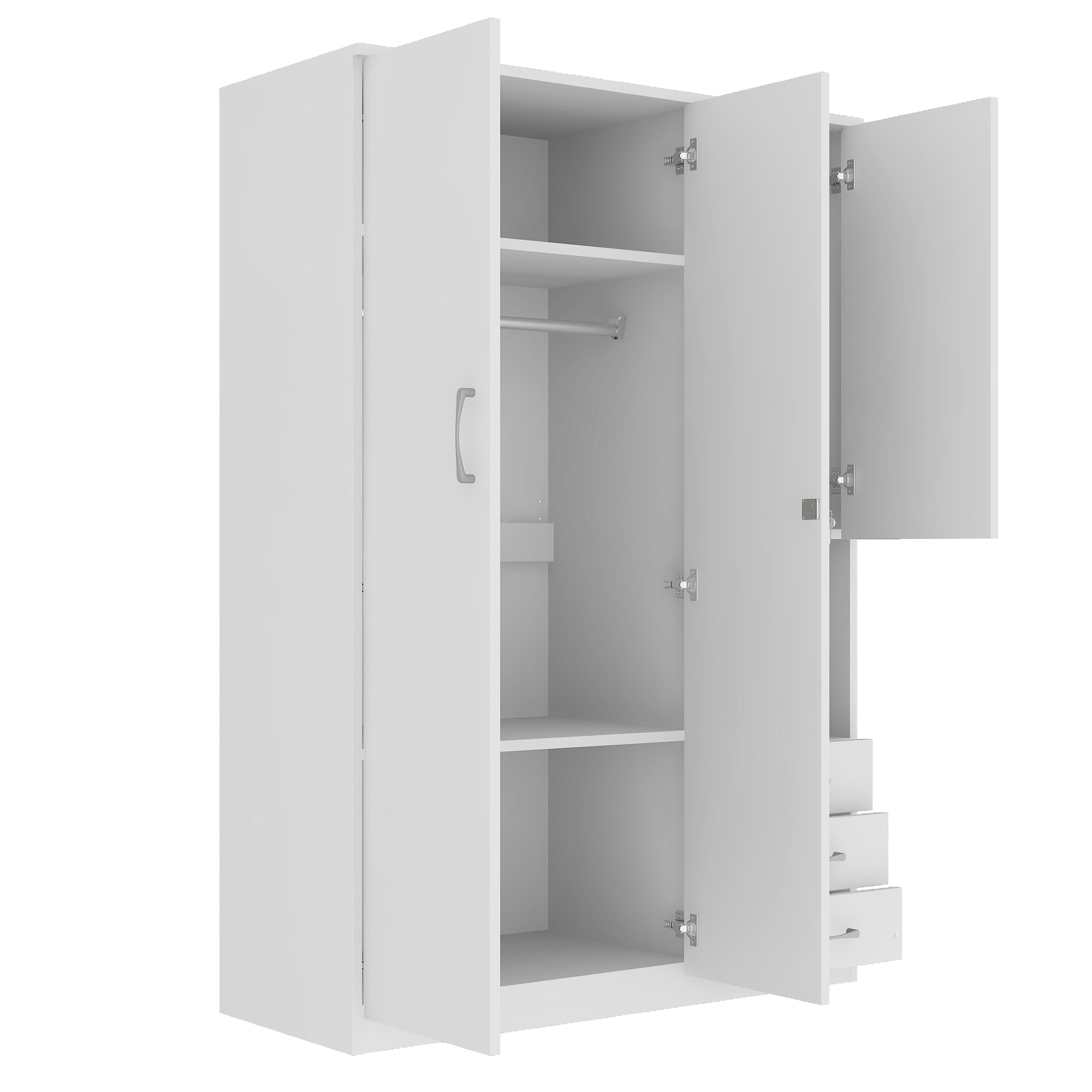 3-Door Wooden Wardrobe Armoire with Shelves, Drawers & Hanging Rod - Modern Bedroom Closet Organizer Storage Cabinet in White - Perfect for Master Bedroom, Guest Room or Dorm Organization