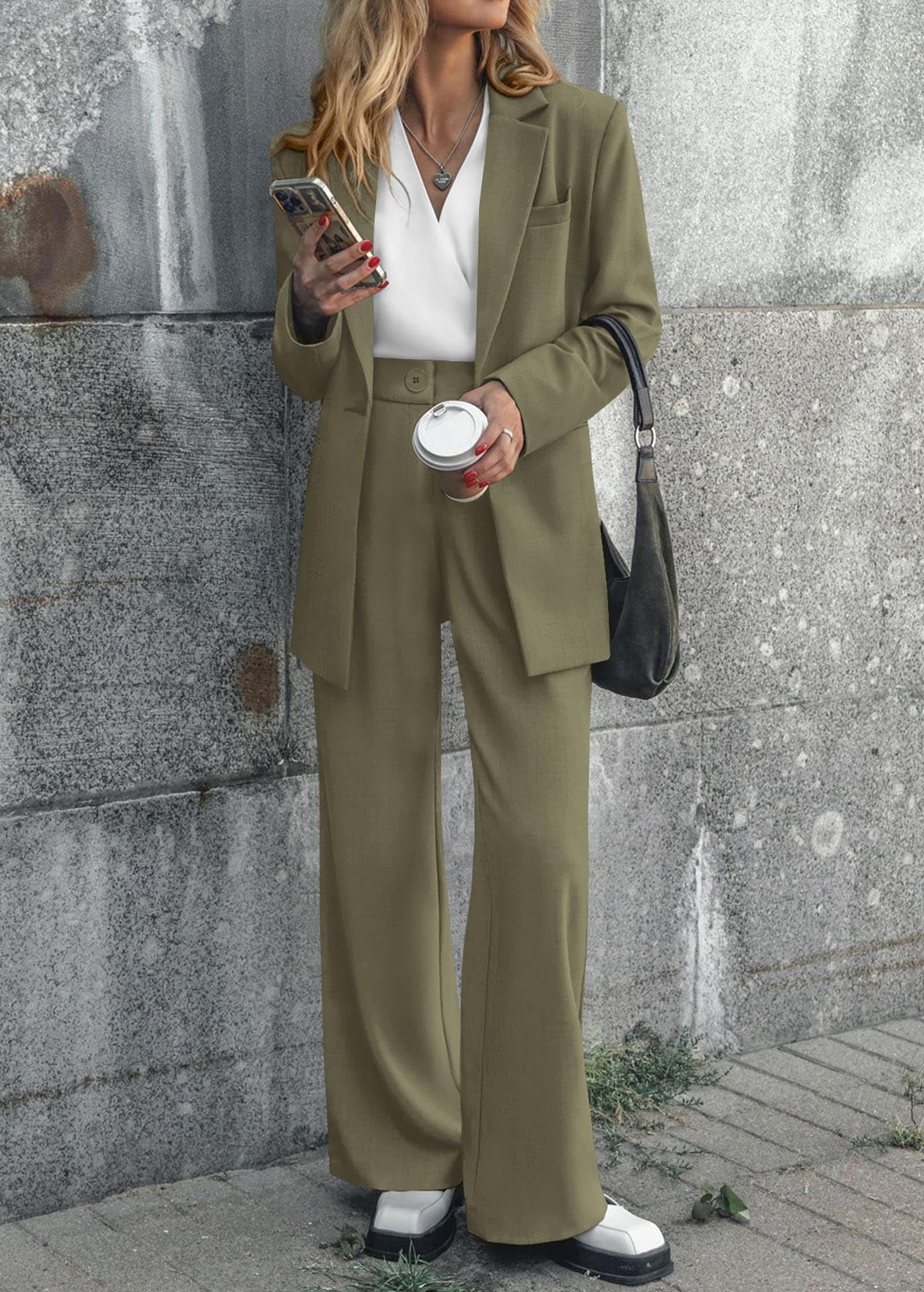 KIRUNDO Women's 2025 Spring Fall 2-Piece Blazer Set - Casual Loose Long Blazer Jacket with Dressy Wide Leg Pants (with Pockets) | Office Wear, Business Attire & Formal Outfits