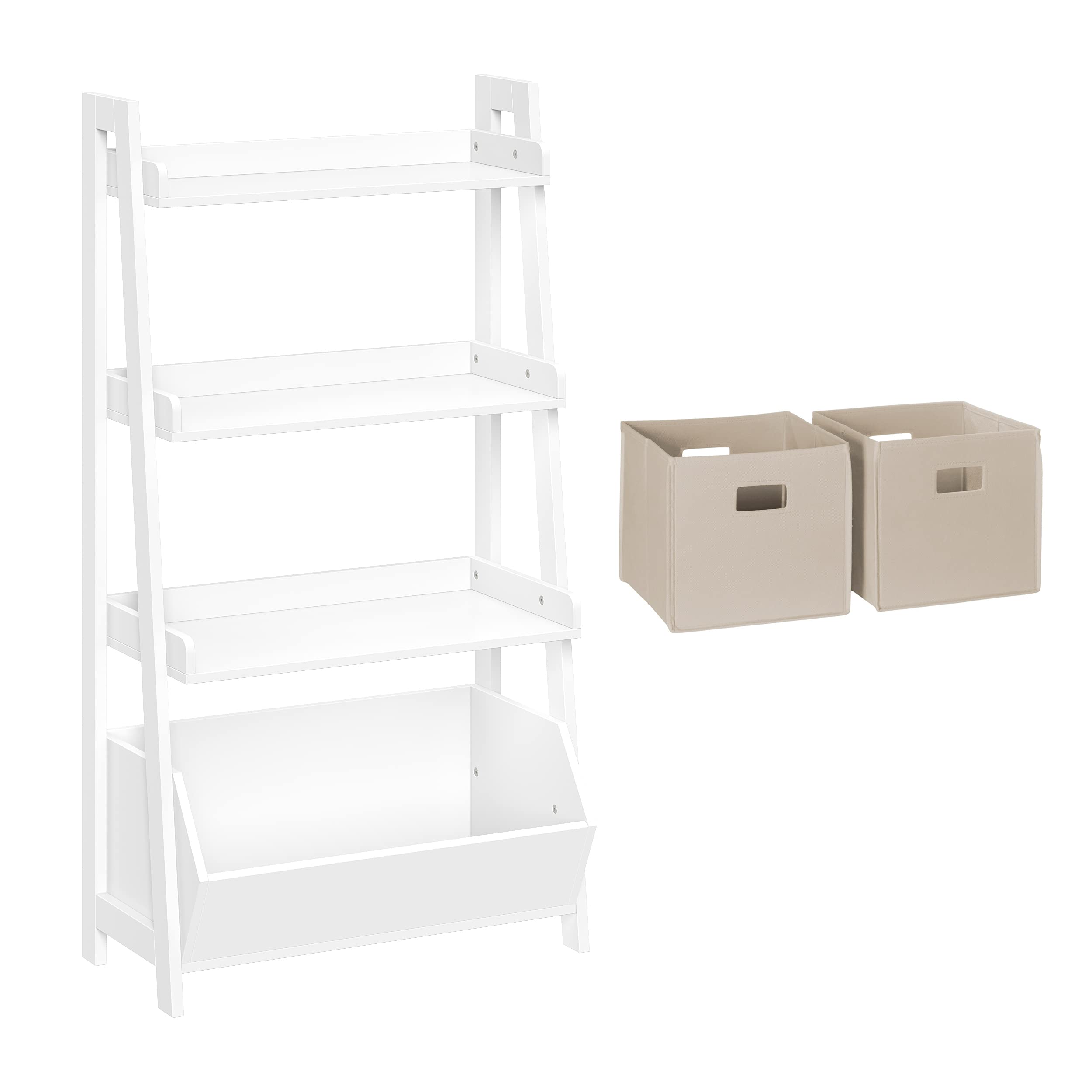 RiverRidge Kids 4-Tier Ladder Shelf Bookcase with 2 Taupe Fabric Bins - Toy Organizer & Book Display Stand for Nursery, Playroom & Bedroom - Spacious Open Shelves for Books, Toys & Games Storage
