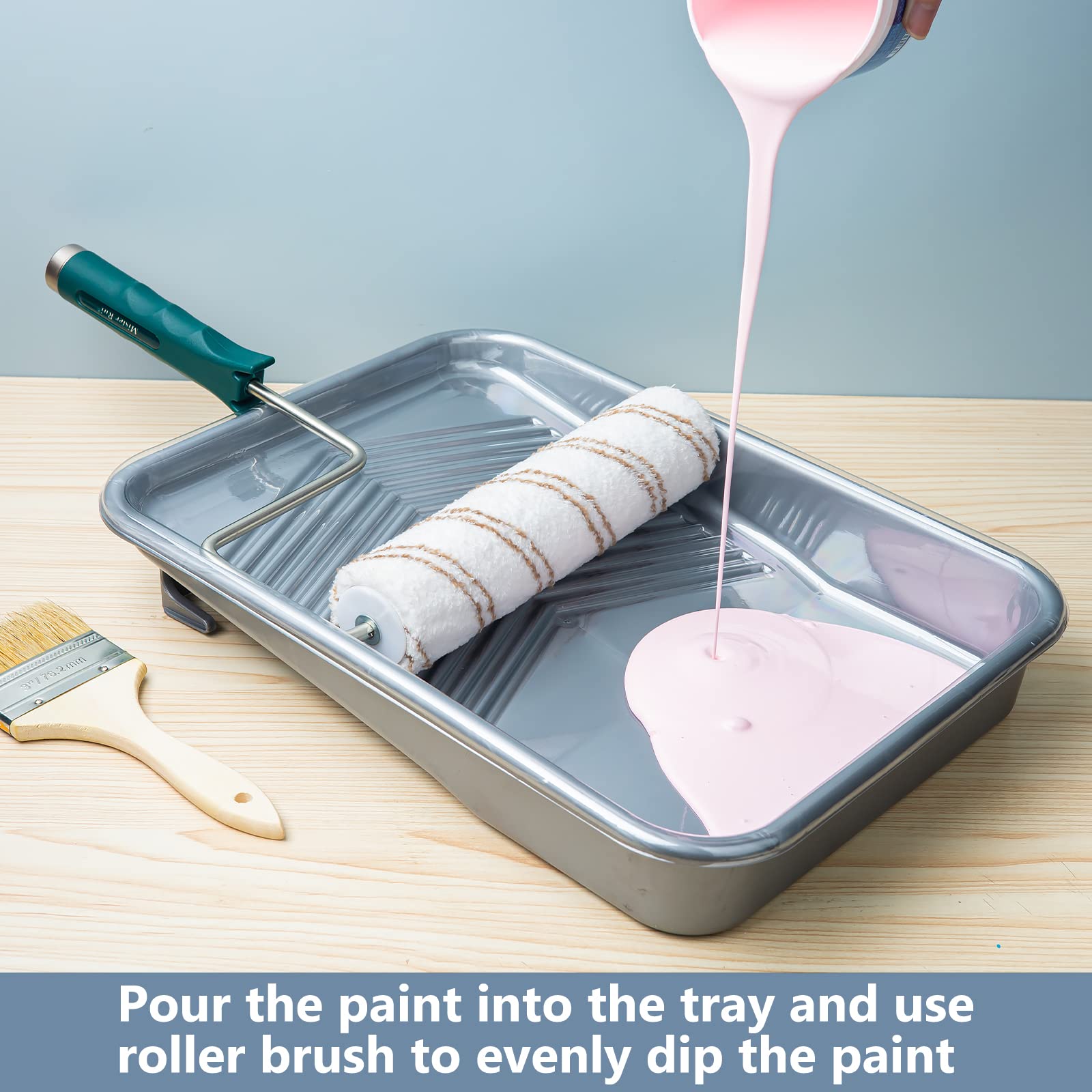 Mister Rui 9 Inch Paint Tray with 10 Disposable Liners & 5 Wire Cage Roller Frames - Large Silver Plastic Paint Roller Tray for Professional & DIY Painting Projects - Perfect for Walls, Ceilings, and Home Renovations