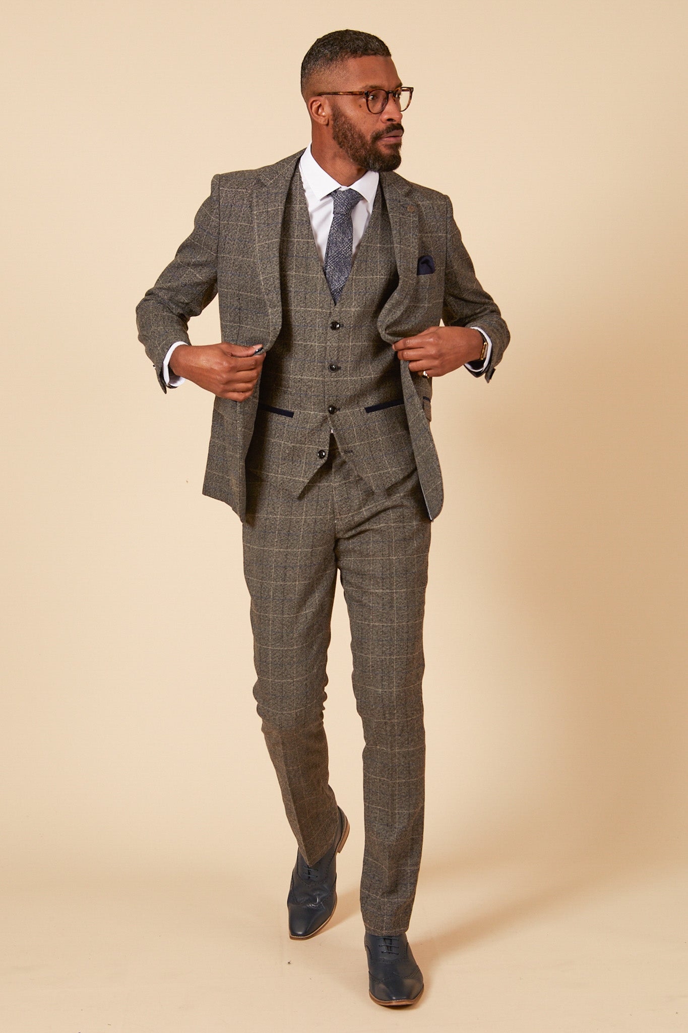 SCOTT Grey Tweed Check Three Piece Suit for Men | Classic Business Formal Attire | Perfect for Weddings, Office Meetings & Special Occasions
