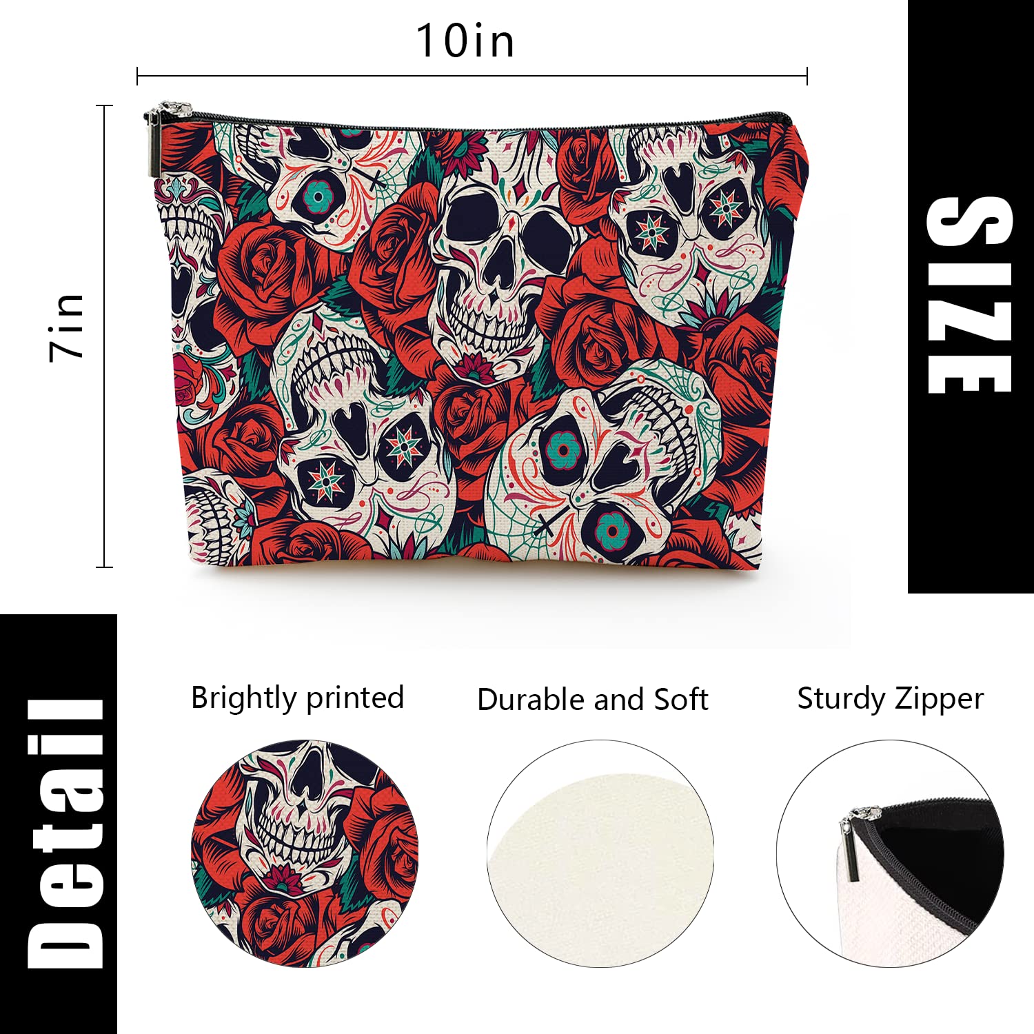 Large Travel Makeup Bag for Women - Waterproof Cosmetic Organizer with Zipper, 7x10 Inch Toiletry Pouch (Skull Flower Design) - Perfect for Travel, Gym, and Daily Beauty Storage