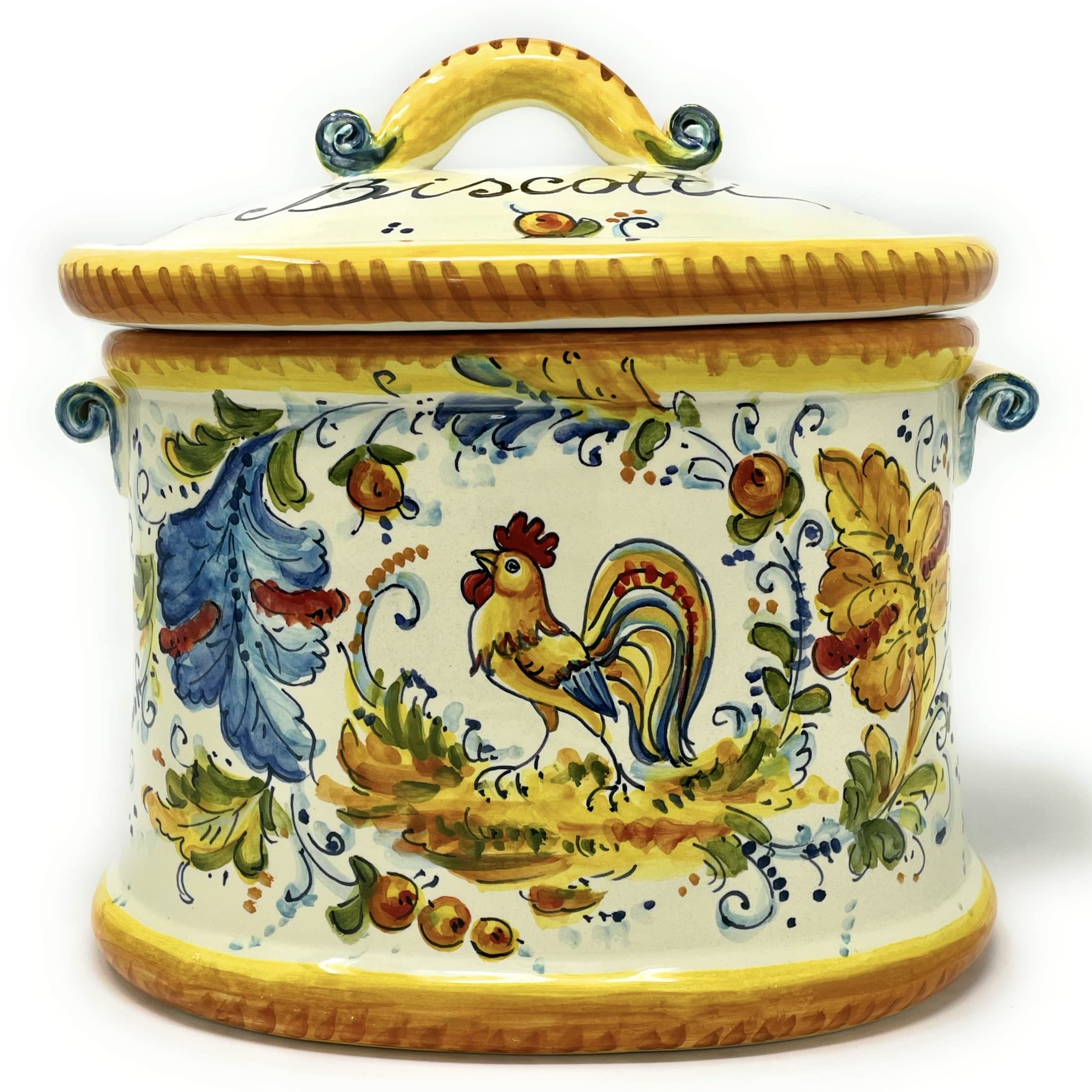 Hand-Painted Italian Ceramic Cookie Jar - Tuscan Rooster Design Art Pottery from Montelupo, Italy | Perfect for Kitchen Storage & Home Decor
