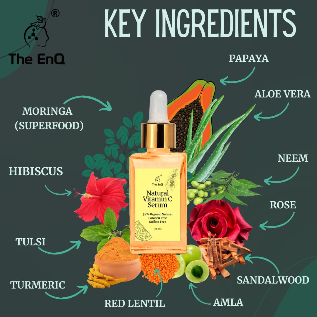 EnQ Natural Vitamin C Skin Serum - 30ml Organic Face Serum for Bright, Glowing & Blemish-Free Skin | 100% Natural Anti-Aging Serum for Daily Skincare Routine & Nighttime Use