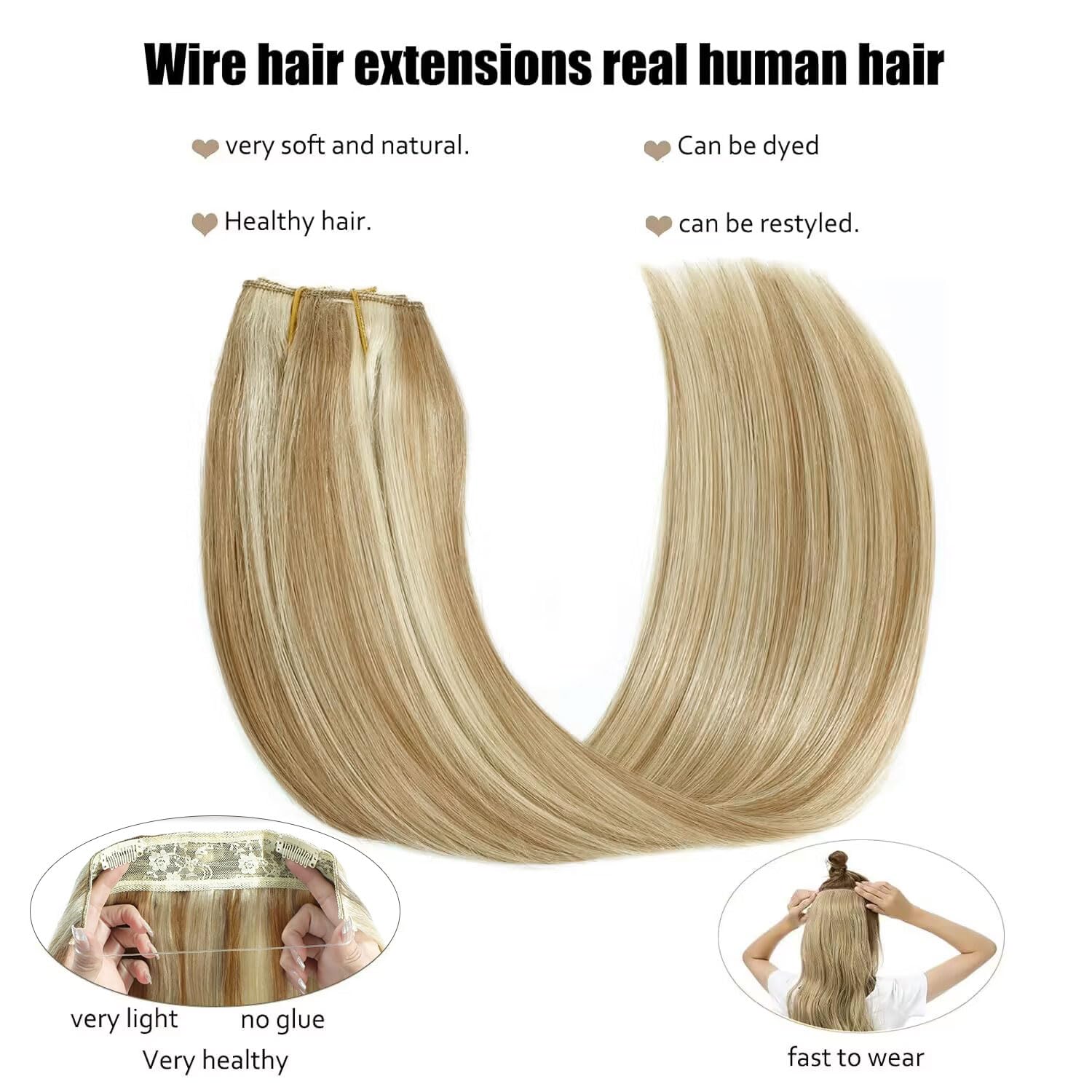 Ugrace Clip In Hair Extensions 20 Inch - Real Human Hair, Invisible Fish Wire, Highlight Color P16/613 - Seamless Straight Hair Extensions for Women | Perfect for Daily Wear, Parties & Special Occasions