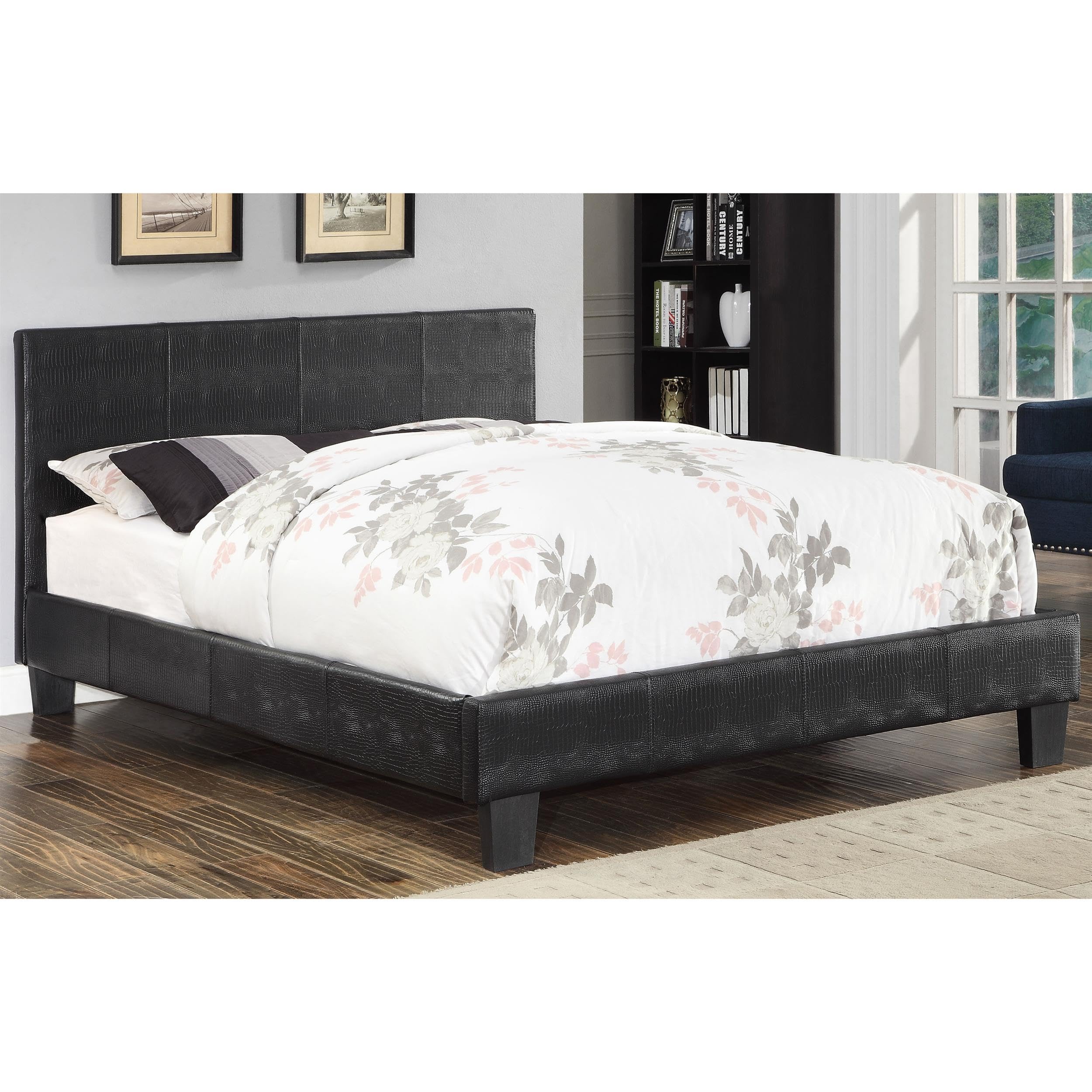 Furniture of America Hariett Full Size Leatherette Platform Bed Frame - Black Upholstered Modern Bedroom Furniture for Small Spaces & Guest Rooms