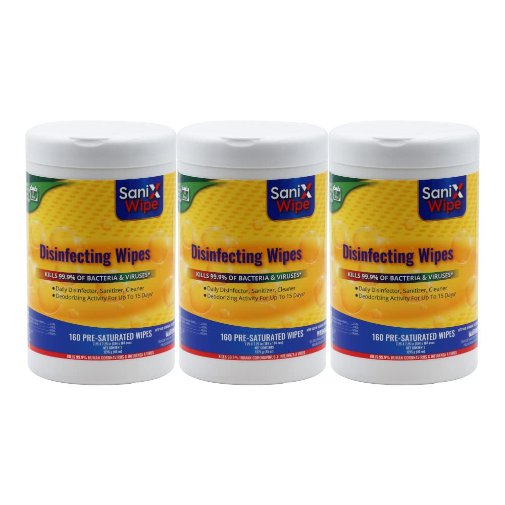 SaniX Disinfecting Wipes - 160 Count (3-Pack) | EPA-Approved Surface Cleaner & Deodorizer | Kills 99.9% Germs | For Home, Office & Travel Use | White Canister (KL-SX-W160-3)