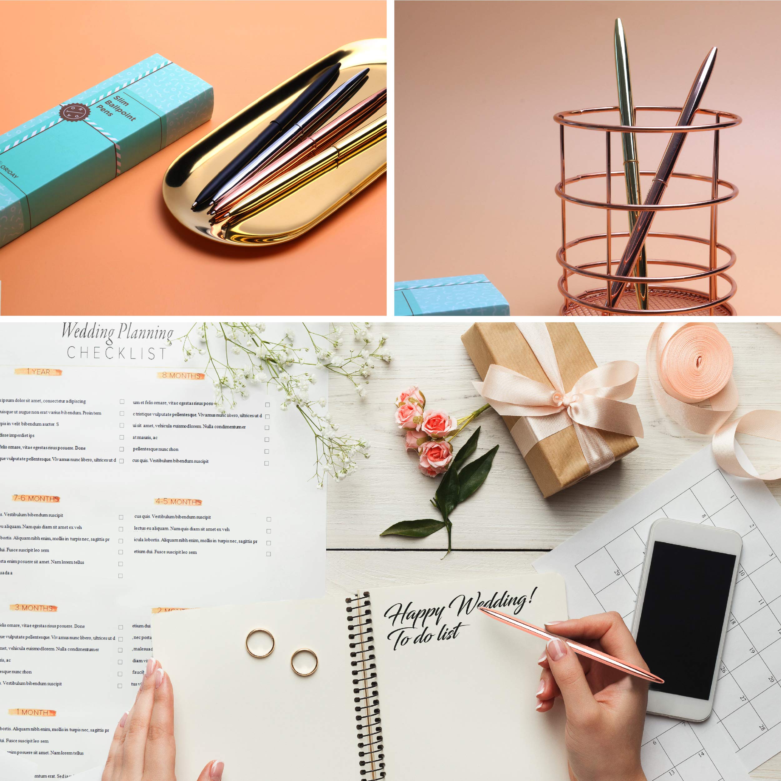 Oriday Chrome Ballpoint Slim Pens Set of 4 - Premium Lightweight Metal Ballpoint Pens with Black Ink in Elegant Gift Box | Perfect for Weddings, Bridal Showers, Graduation Gifts & Office Use (Rose Gold, Black Ink)