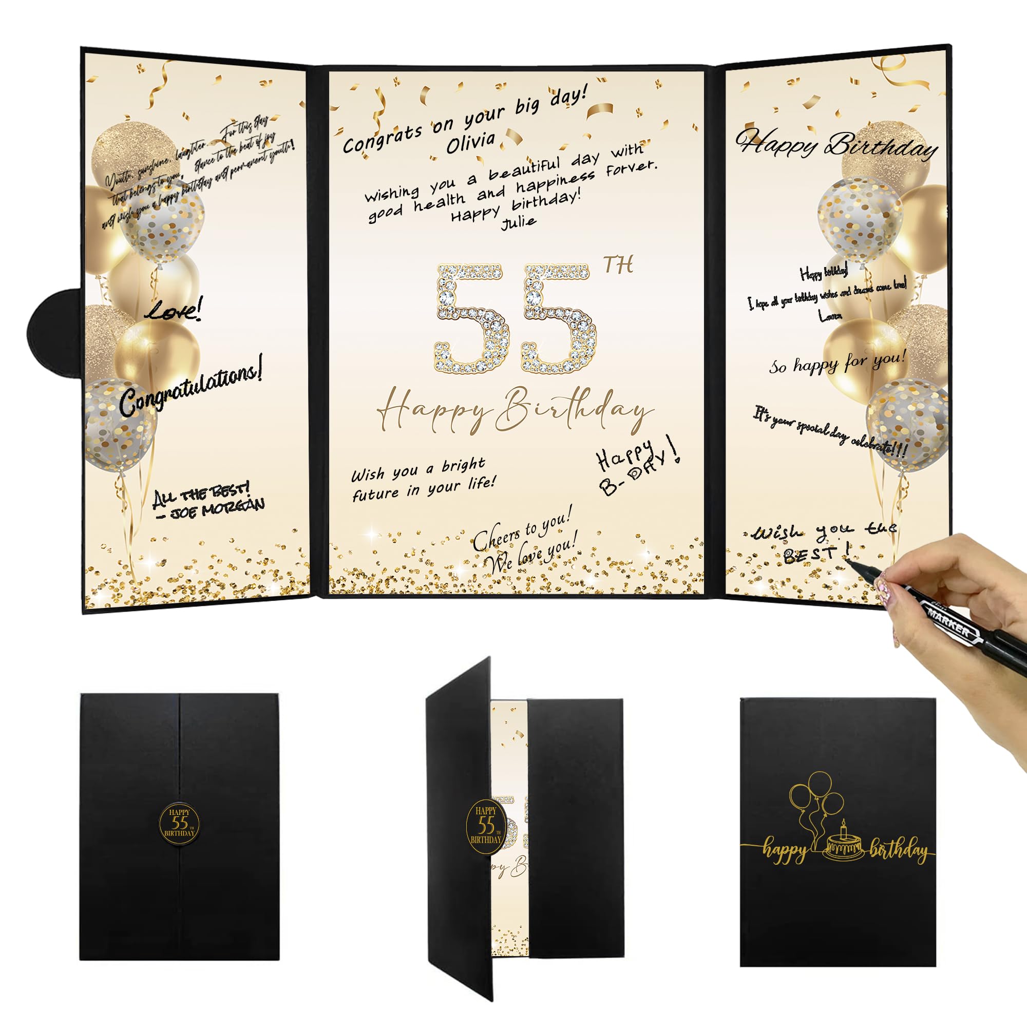 DARUNAXY Black Gold 55th Birthday Party Decorations Set - Alternative Guest Book Signing Board for Men & Women - Cheers to 55 Years Old Gifts - Perfect for Birthday Celebrations, Milestone Parties & Retirement Events
