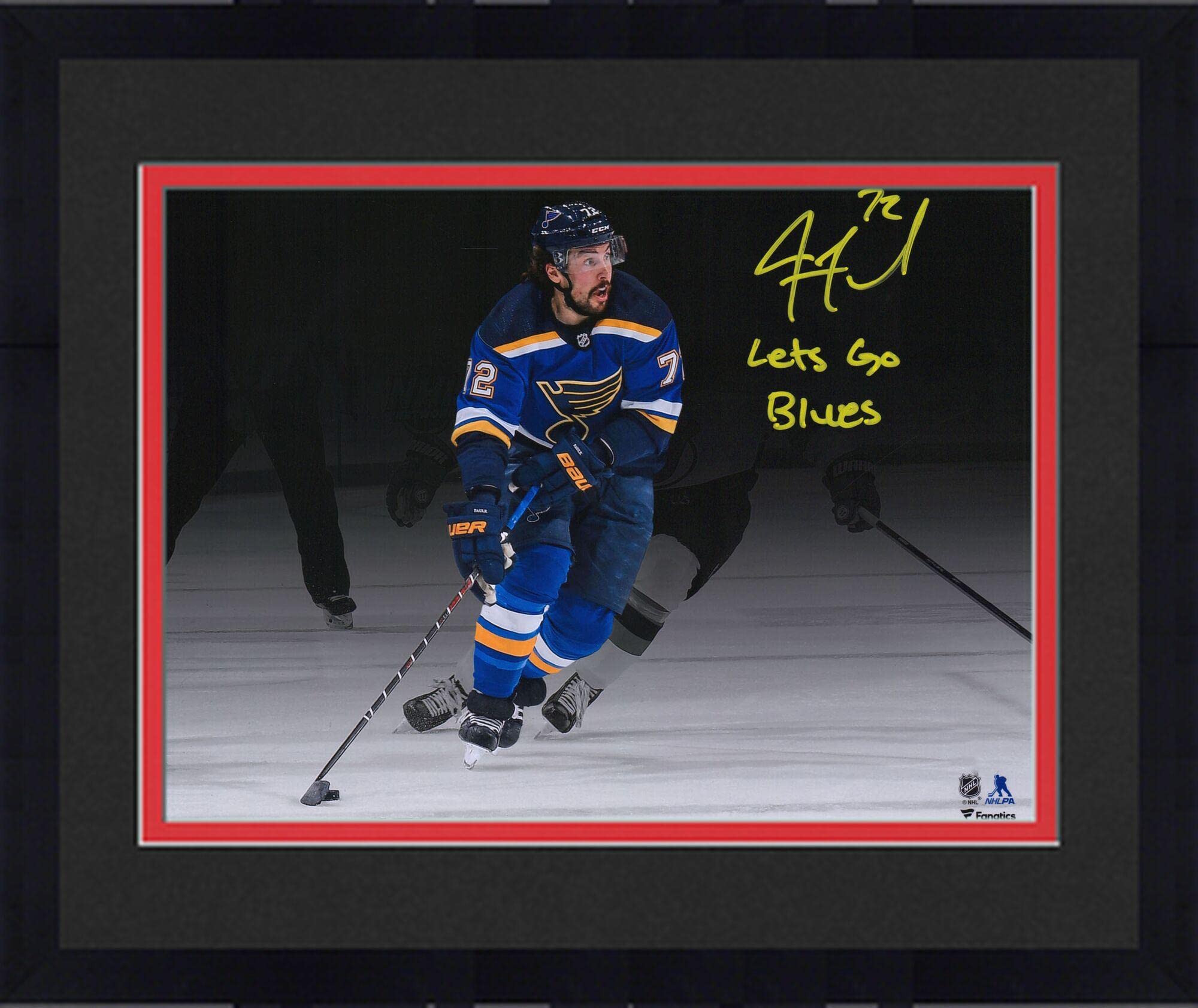 Justin Faulk Autographed 11x14 St. Louis Blues Framed Photo - Limited Edition NHL Memorabilia with 'Let's Go Blues' Inscription - Perfect for Hockey Fans, Man Cave Decor & Sports Collectors