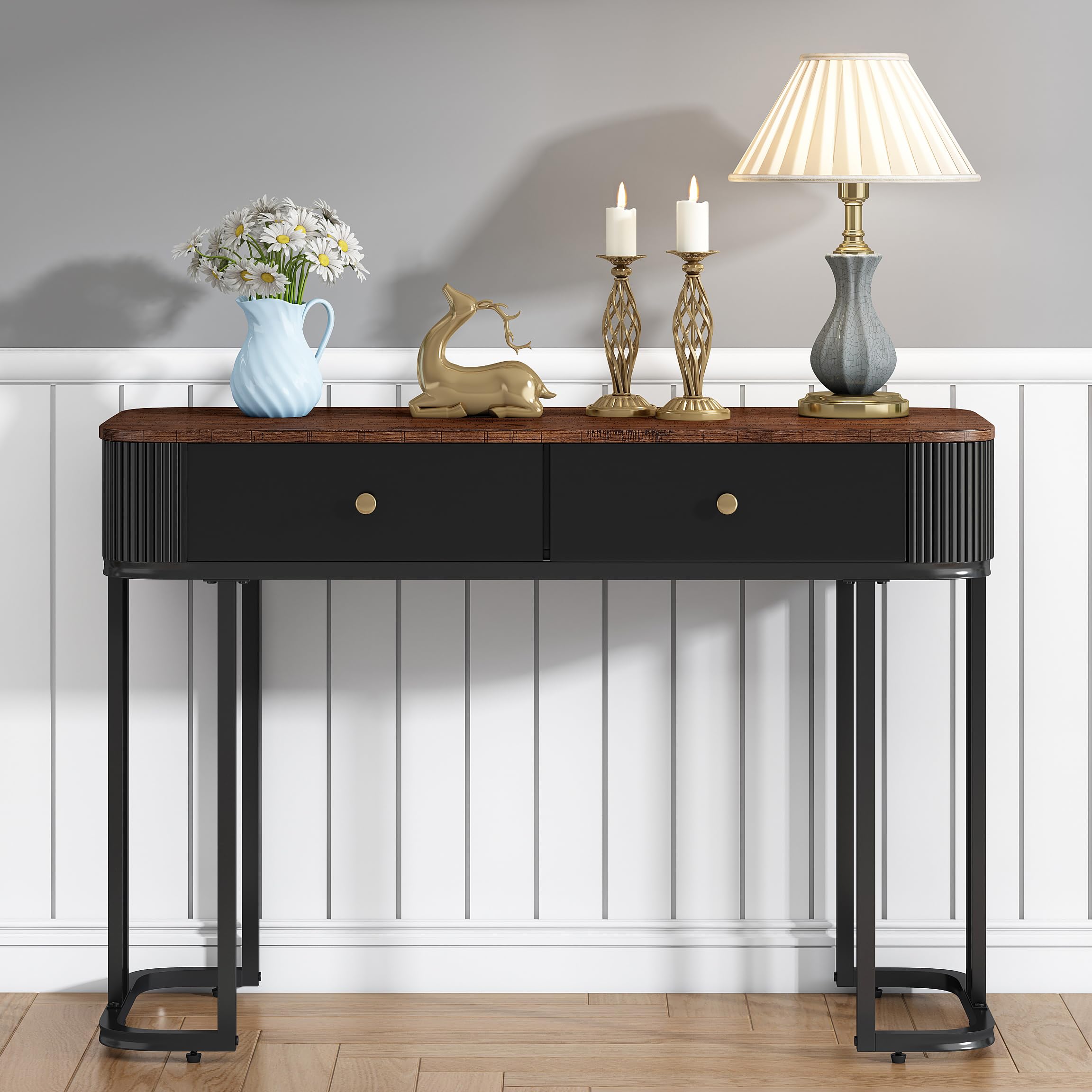 Modern OIOG Console Table with 2 Drawers - Wood Grain Sofa Table for Entryway, Living Room & Bedroom - Multi-Functional Storage Desk as Makeup Vanity or Small Computer Workstation (Brown/Black) - Perfect for Small Spaces, Apartments & Home Offices