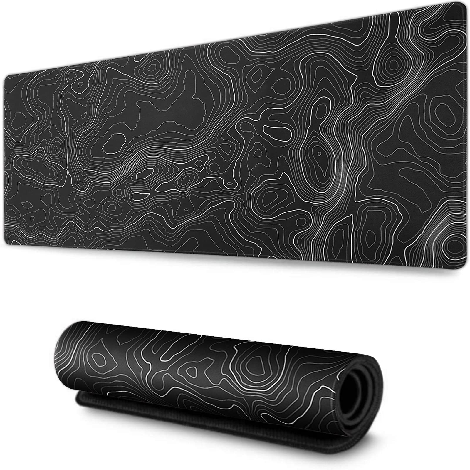 AQQA Black and White Topographic Line Mouse Pad - 31.5 x 11.8 Inch XL Gaming Desk Mat with Non-Slip Rubber Base - Professional Large Mouse Pad for Office, Laptop, PC Gaming - Perfect for Work, Gaming & Home Office Setup