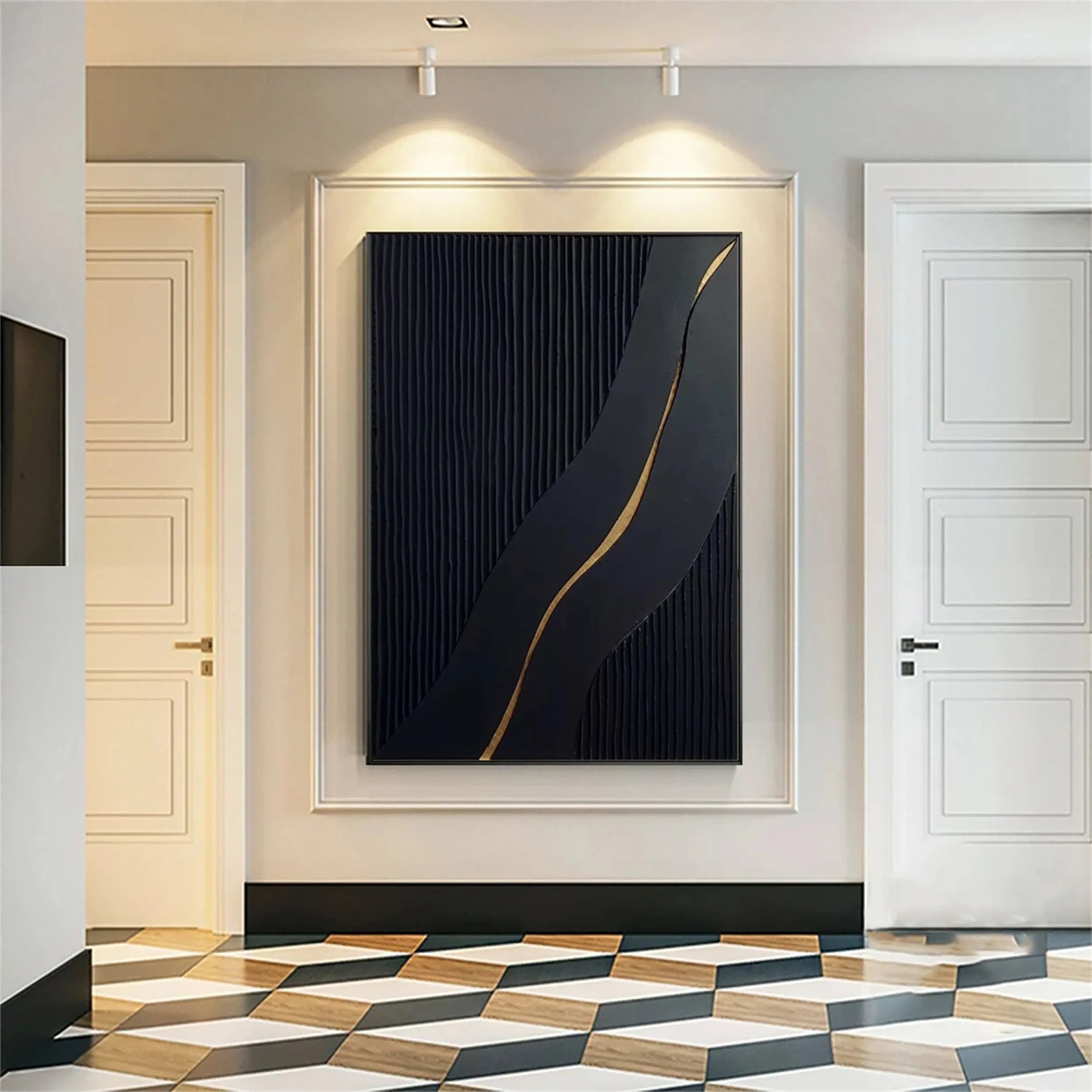 Black Gold Minimalist Textured Abstract Wall Art Painting #MZ083 - Modern Home Decor for Living Room, Bedroom & Office