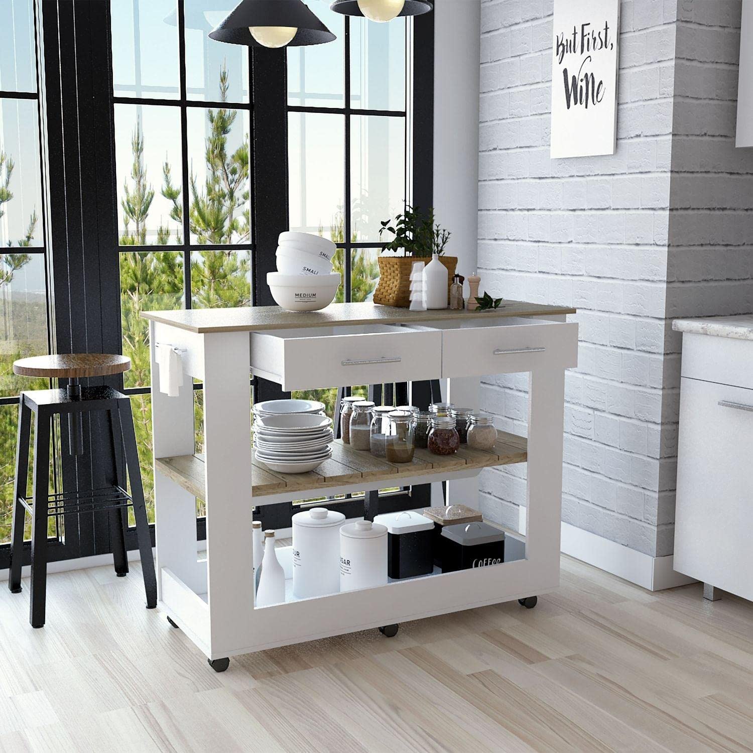 Delos 46 Inch Kitchen Island with 6 Heavy Duty Casters, 2 Spacious Drawers & Open Shelves - White/Light Oak Finish | Perfect for Small Kitchens, Breakfast Bars & Extra Storage Space
