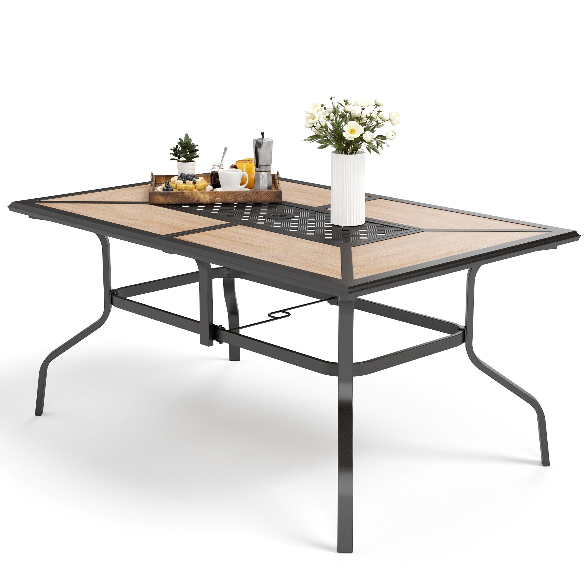 MFSTUDIO 6-Person Outdoor Patio Dining Table with Metal Frame & Weather-Resistant Tabletop - Rectangular Backyard Furniture with Adjustable Umbrella Hole for Garden, Deck, Poolside Dining