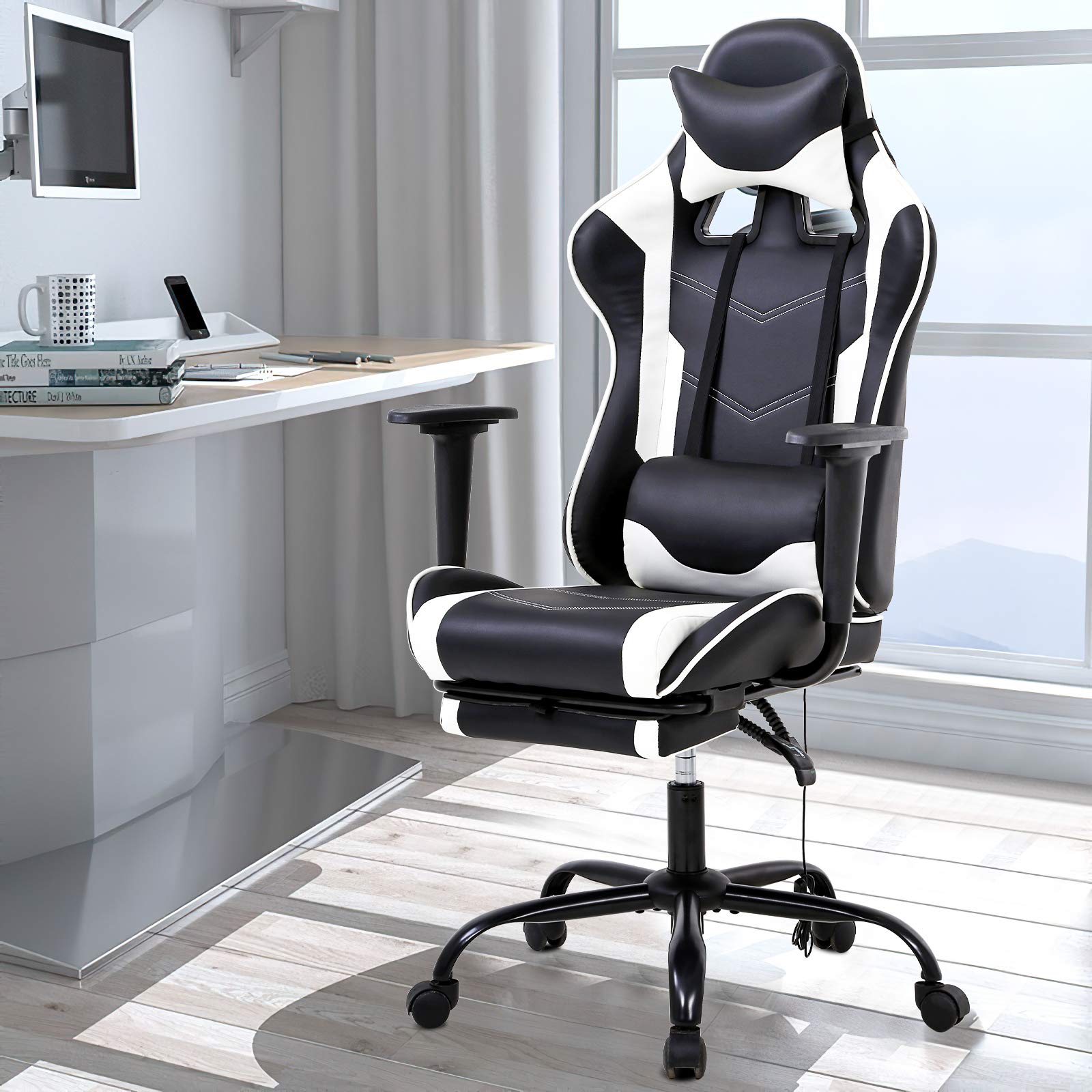 Ergonomic Gaming & Office Chair - High Back Computer Desk Chair with Lumbar Support, Retractable Footrest & PU Leather - Adjustable Swivel Racing Style Chair for Adults (White) - Perfect for Home Office, Gaming Setup & Workstation Comfort