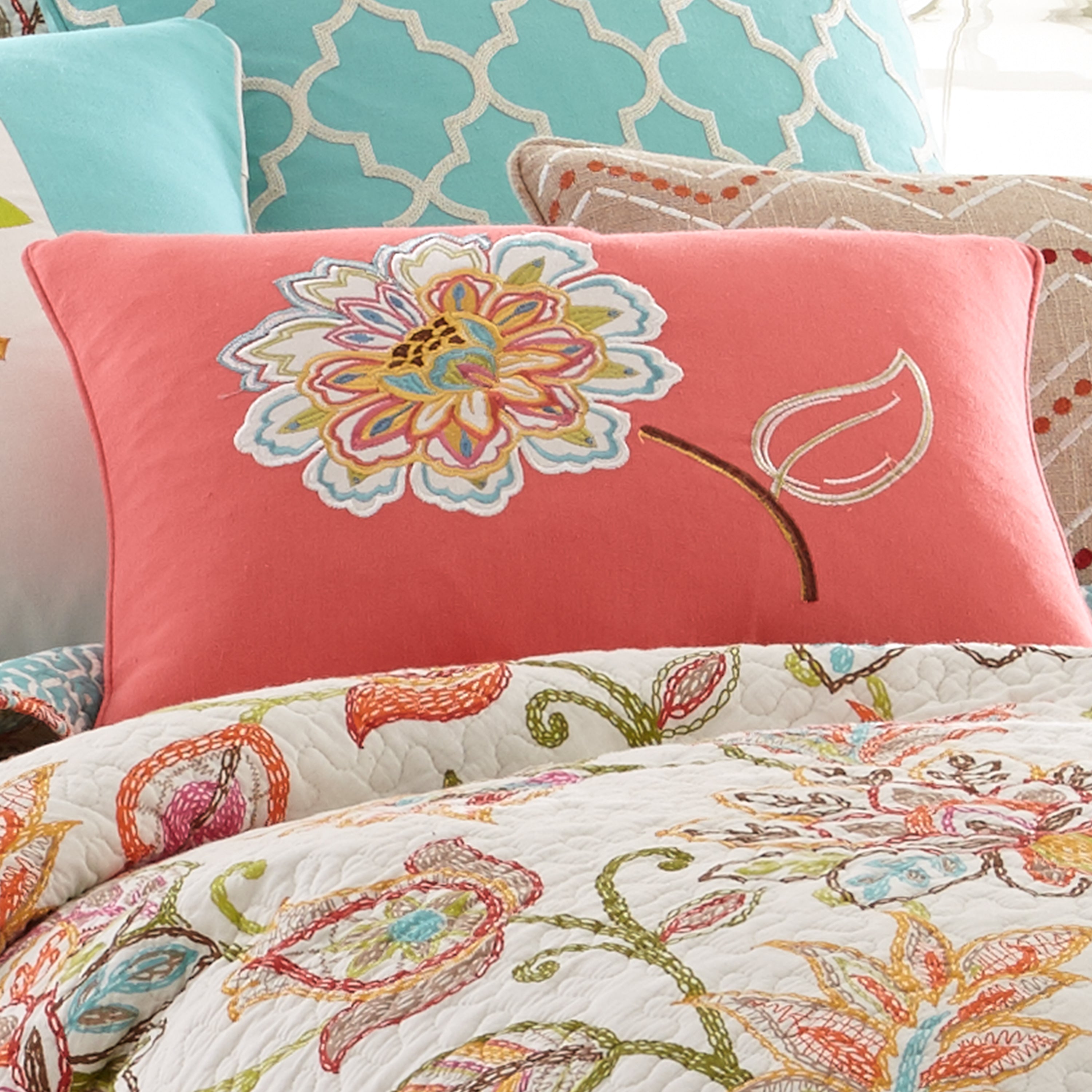 Sophia Floral Applique Decorative Throw Pillow - Elegant Home Decor for Living Room, Bedroom, and Sofa