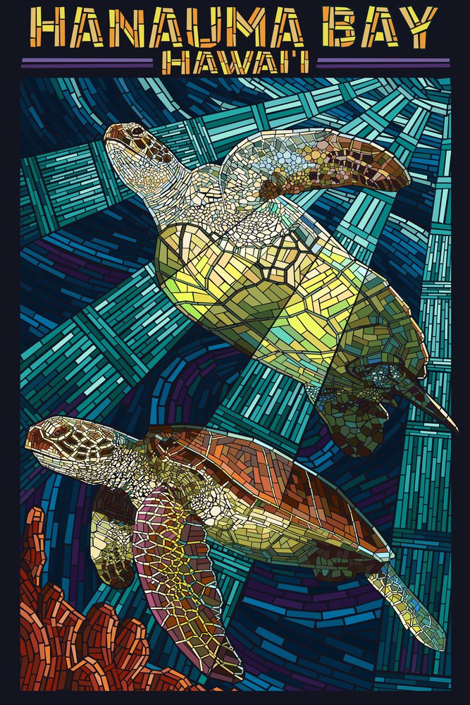 Lantern Press 16x24 Inch Giclee Art Print - Hanauma Bay Hawaii Sea Turtle Mosaic Wall Decor - Perfect for Beach House, Living Room & Office Wall Art