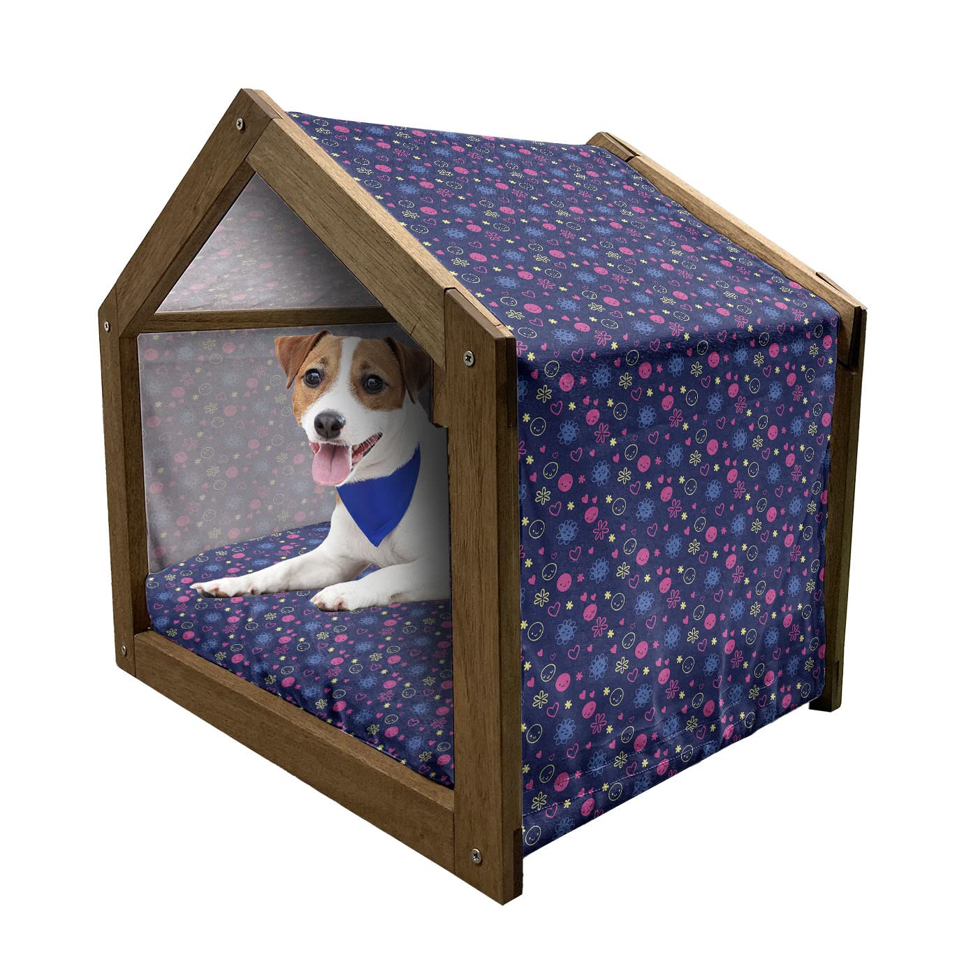 Ambesonne Wooden Pet House for Dogs - Cheerful Smiling Face, Flowers & Hearts Pattern - Indoor & Outdoor Portable Dog Kennel with Pillow & Cover - Large Size in Dark Blue, Yellow & Pink - Perfect for Home, Garden & Travel Use
