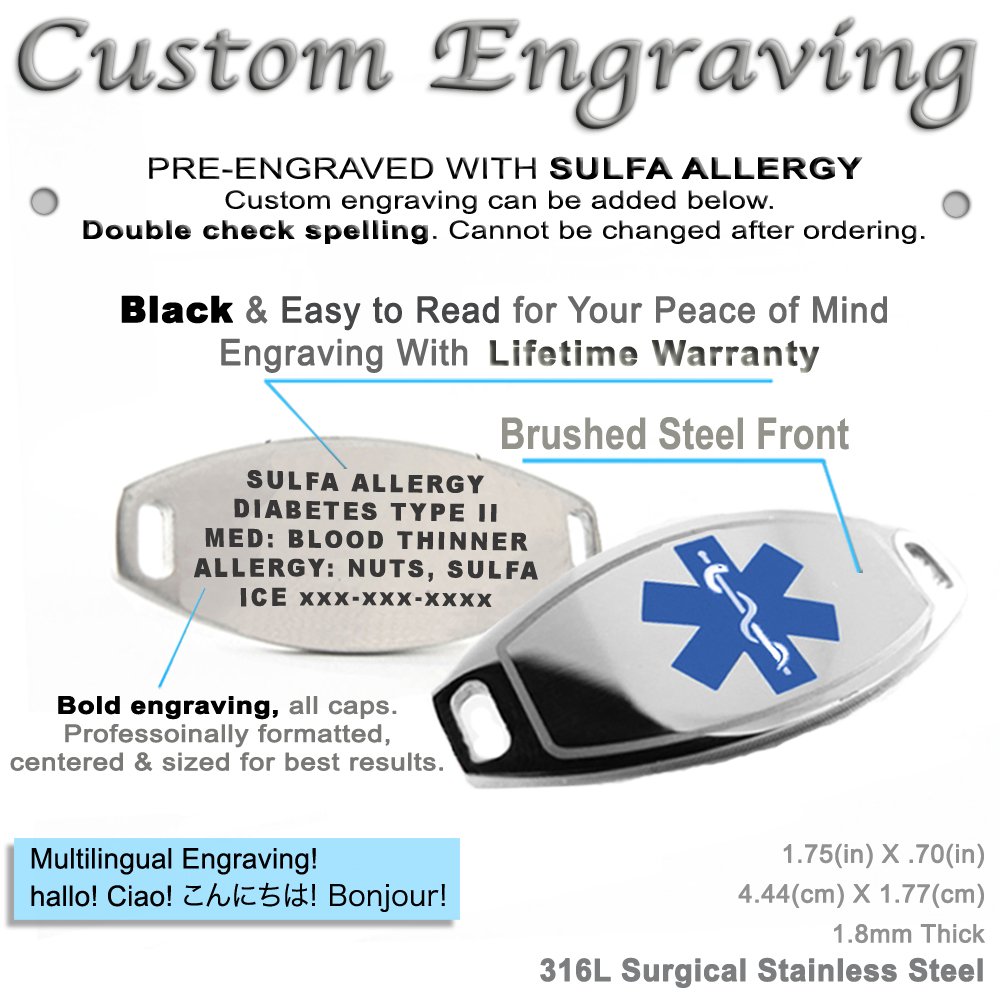 Custom Engraved Sulfa Allergy Medical Alert Bracelet - Blue - Essential for Emergency Medical Identification & Safety