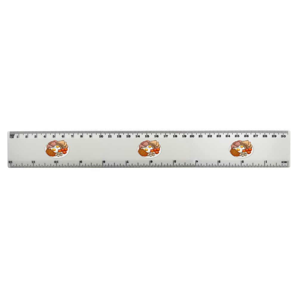 Azeeda 'Full English Breakfast' 12 Inch White Plastic Ruler with Metric and Imperial Measurements - Perfect for School, Office, and Craft Projects (RL00068122)