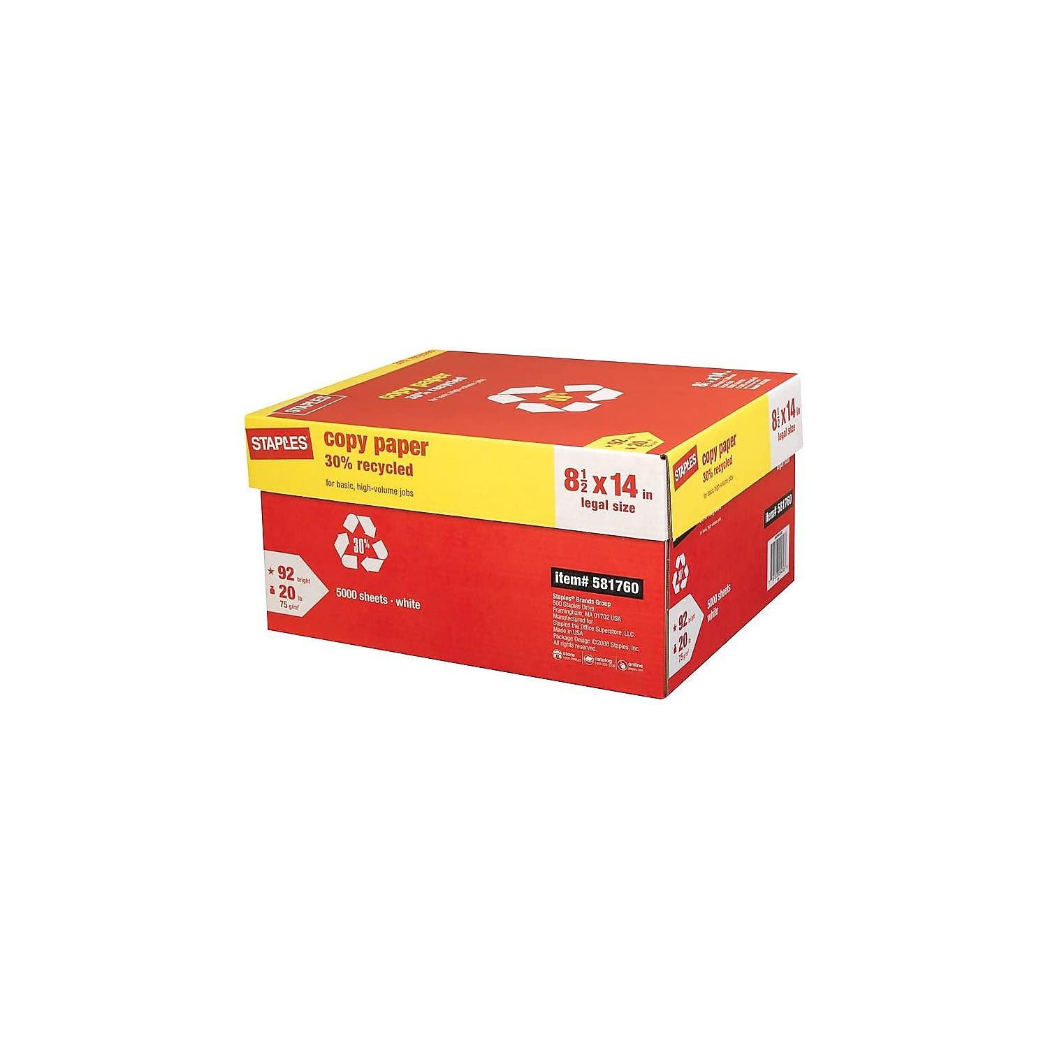 Staples 581760 30% Recycled 8.5x14 Copy Paper - 20 lb, 92 Bright, 500 Sheets per Ream, 10 Reams per Case - Ideal for Office Printing, Copying & Document Archiving