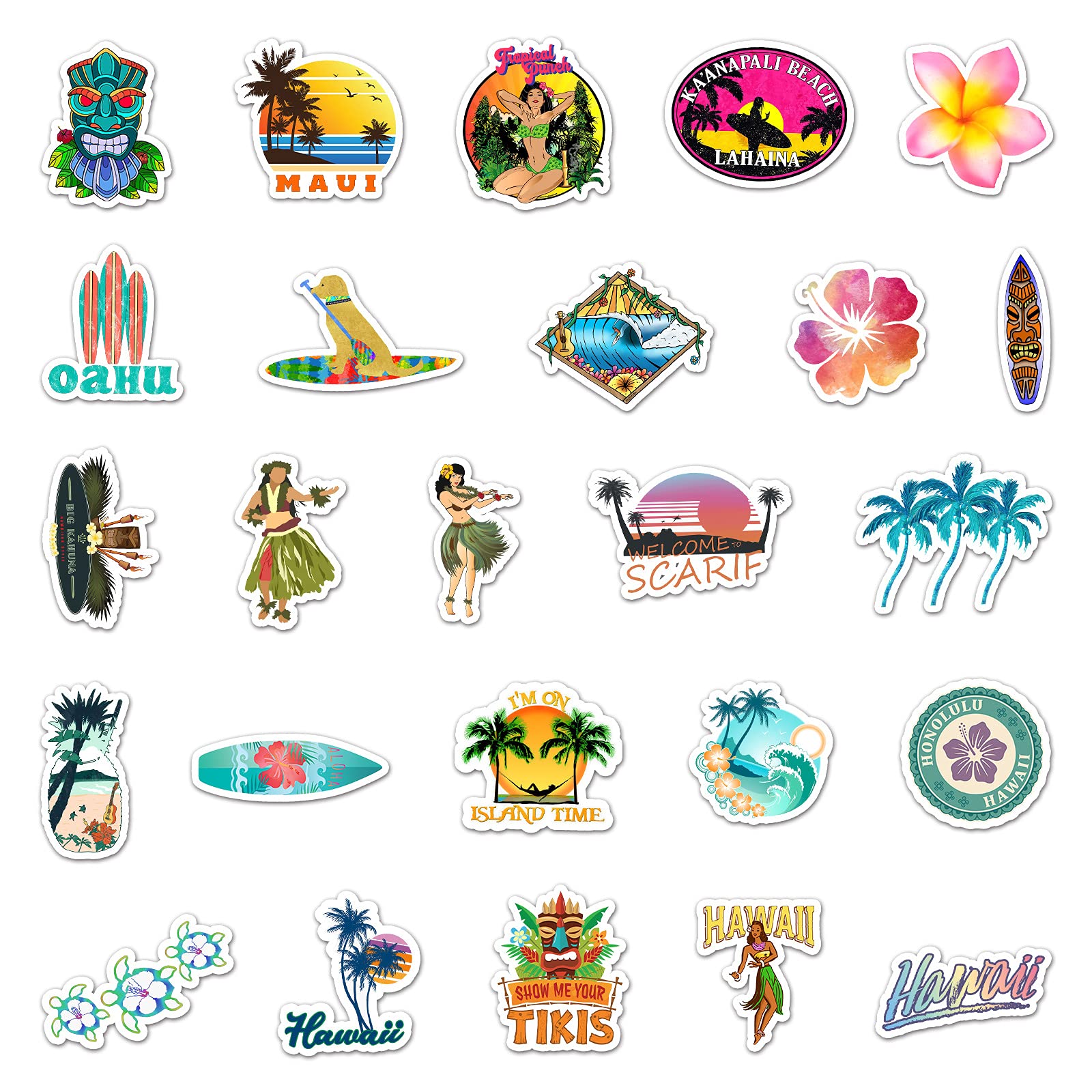 50 PCS Hawaiian Themed Stickers - Waterproof Vinyl Decals for Skateboards, Water Bottles, Cars, Laptops, Motorcycles & Luggage - Tropical Island Decor for Teens & Adults - Perfect for DIY Projects, Travel Gear & Personalizing Belongings