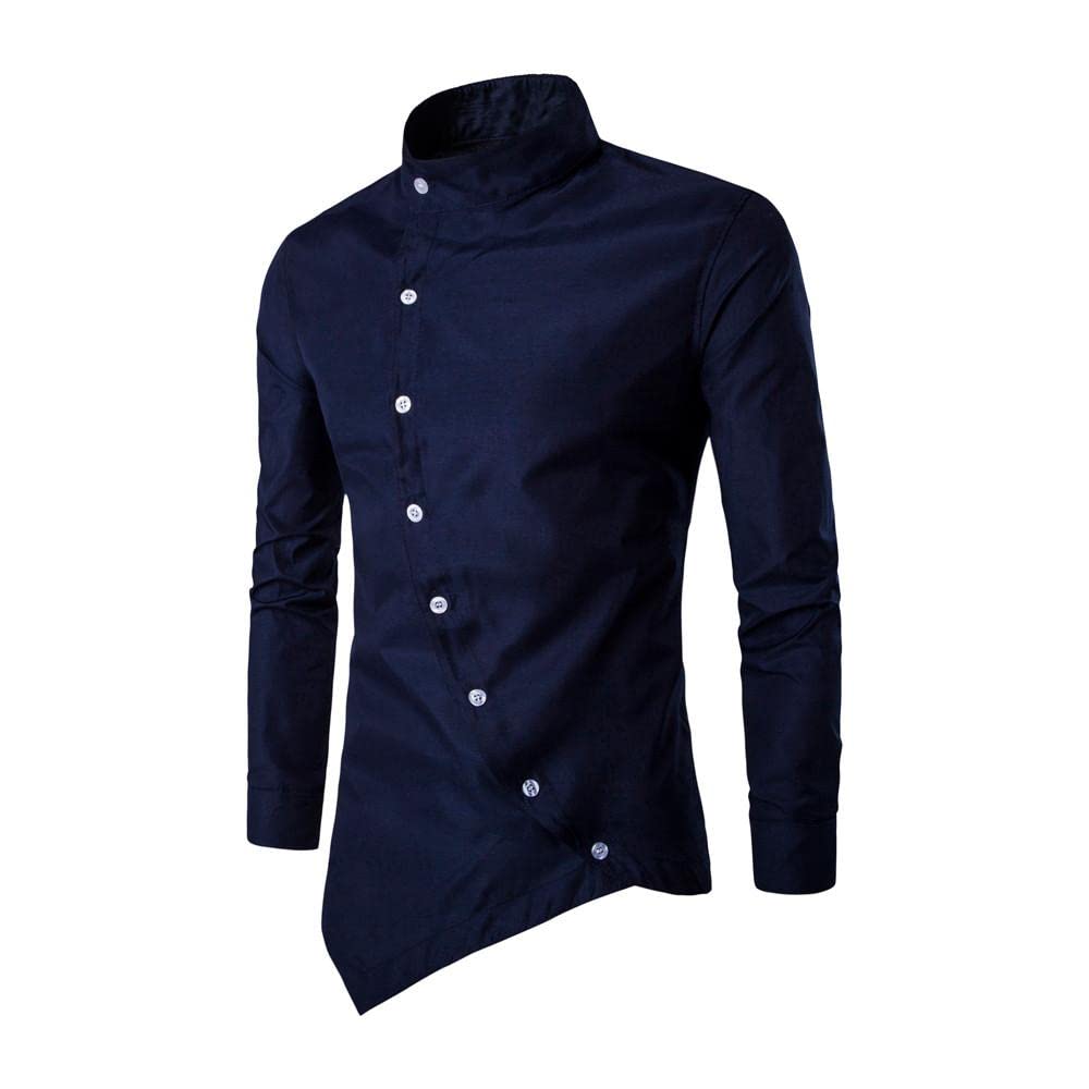 ZICTH Men's Slim Fit Mandarin Collar Long Sleeve Casual Button Down Dress Shirt - Navy Blue Solid Color Fashion T-Shirt for Business Casual, Office Wear & Date Night Outfits