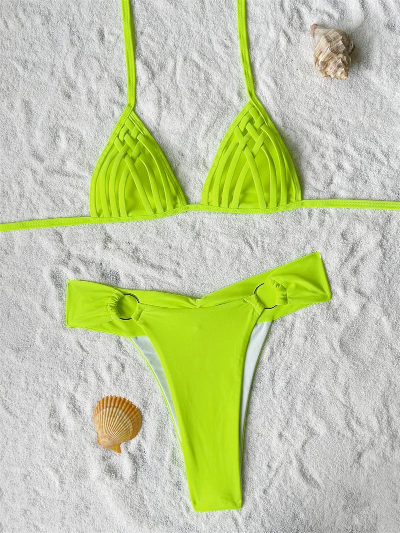 2025 Backless Halter Bikini Set with Metal Rings - Brazilian Two-Piece Swimwear for Women | Beach Vacation, Pool Party, Summer Fashion