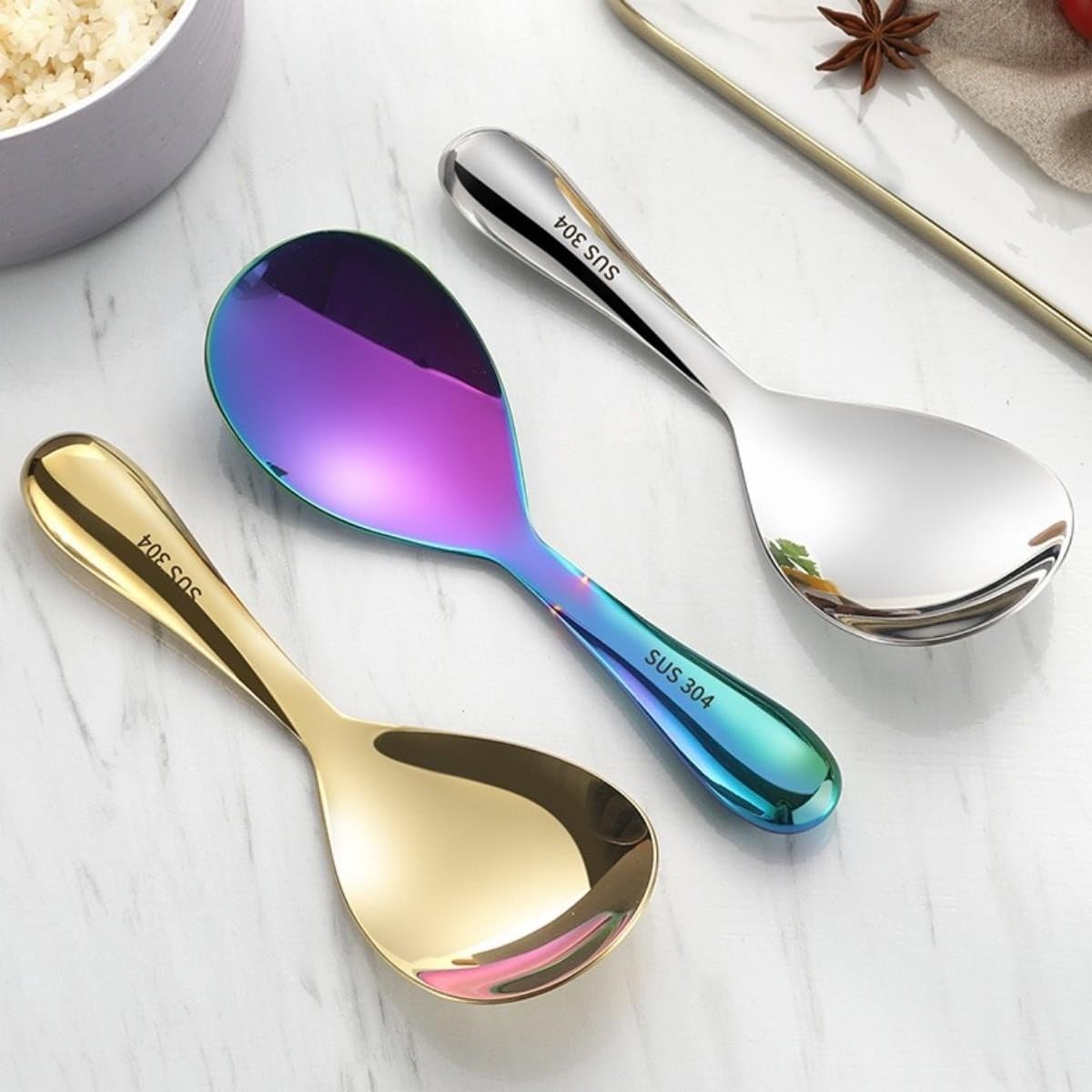 8 Inch Gold Rice Spoon - 304 Stainless Steel Rice Scooper & Paddle - Rust-Free Kitchen Utensil for Serving, Scooping & Stirring Rice - Perfect for Asian Cuisine, Buffets & Home Cooking