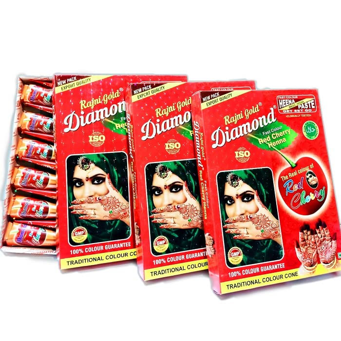Rajni Gold Diamond Mehendi Cone - Fast Red Natural Henna for Hand Design & Temporary Tattoos (Combo Pack of 3 Boxes) | Perfect for Weddings, Festivals & Body Art